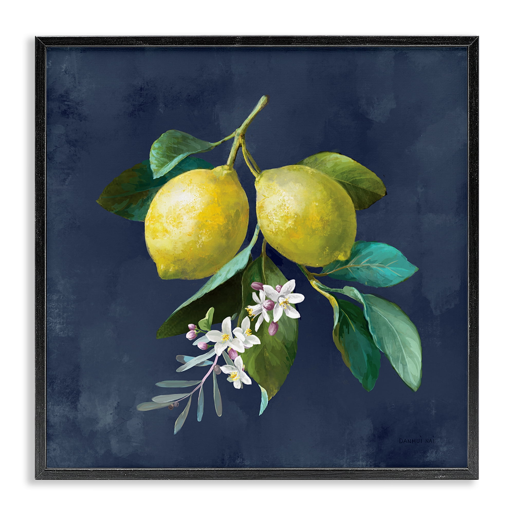 Stupell Industries Lemon Branches on Blue Food & Beverage Painting Black Framed Art Print Wall Art, 17 x 17