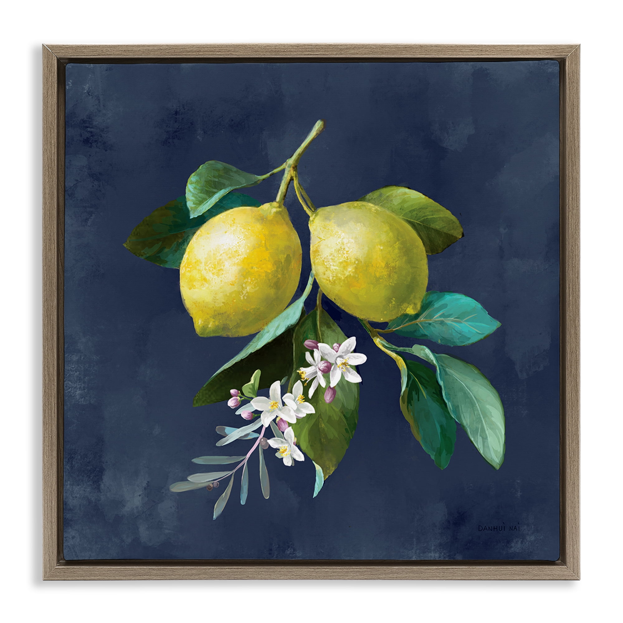 Stupell Industries Lemon Branches on Blue Food & Beverage Painting Brown Floater Framed Canvas Art Print Wall Art, 25 x 25