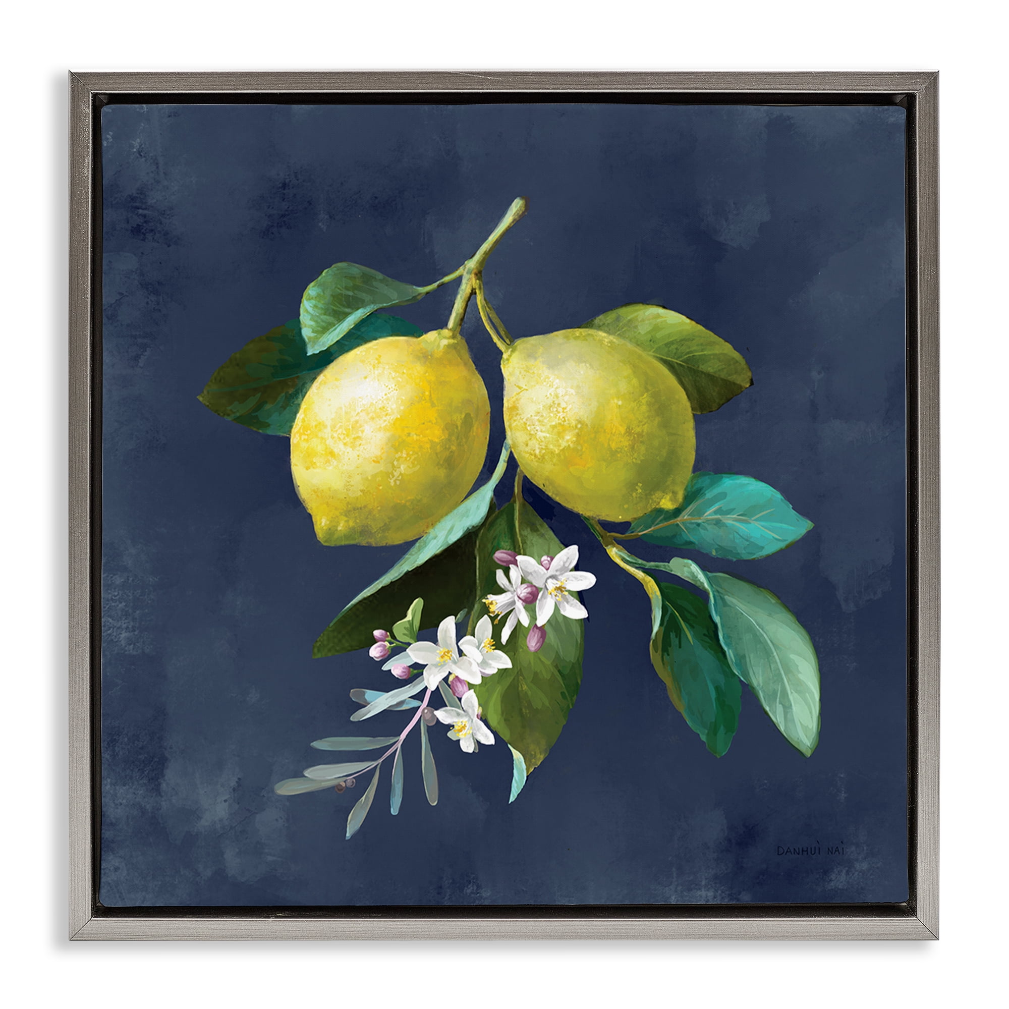Stupell Industries Lemon Branches on Blue Food & Beverage Painting Gray Floater Framed Canvas Art Print Wall Art, 18 x 18