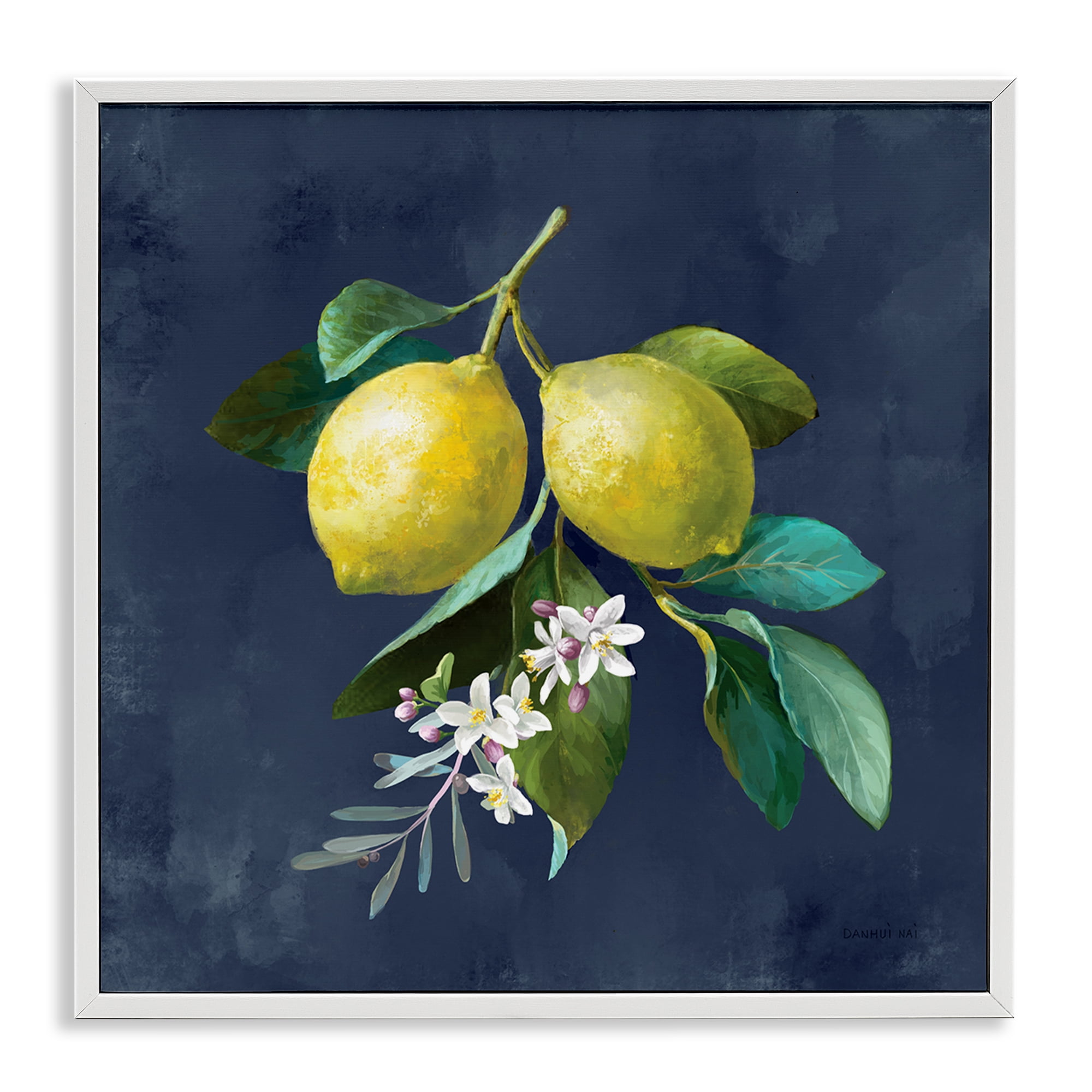 Stupell Industries Lemon Branches on Blue Food & Beverage Painting White Framed Art Print Wall Art, 24 x 24