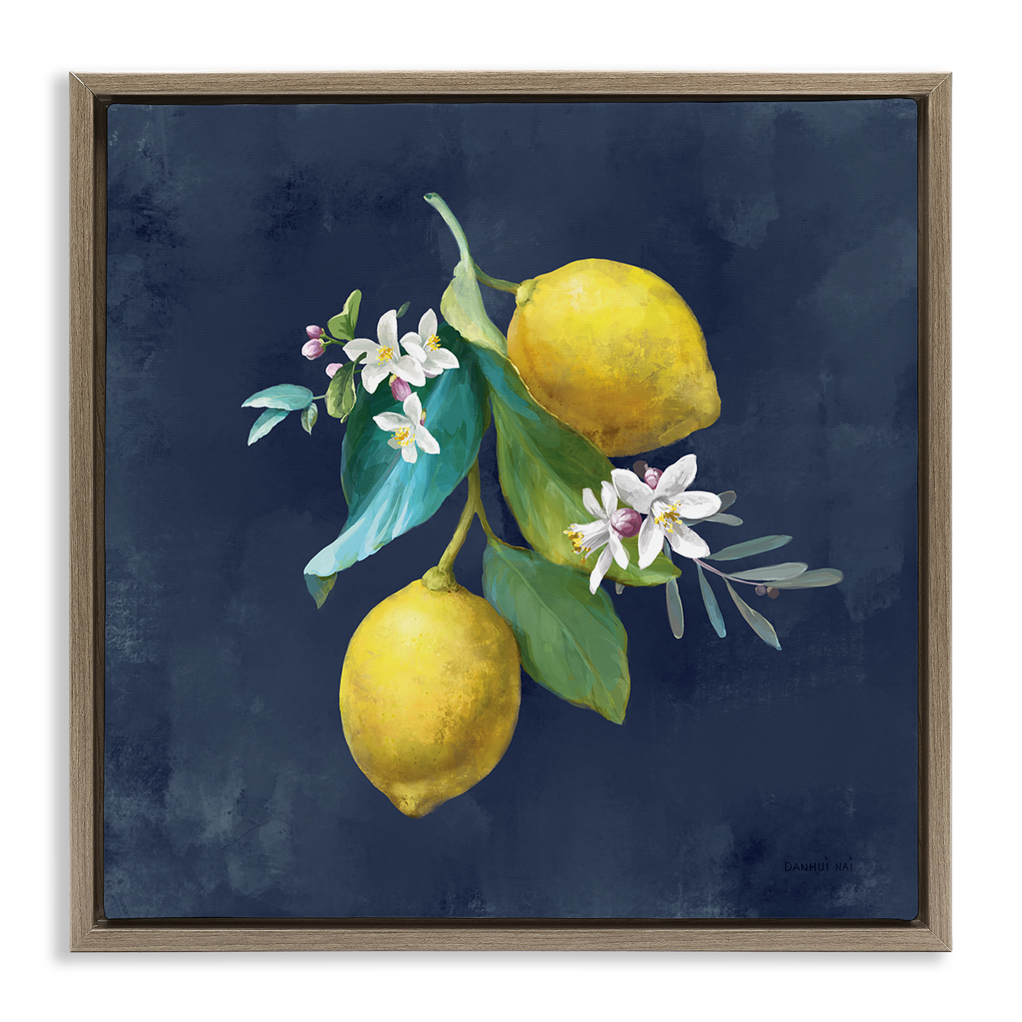 Stupell Industries Lemon Cluster on Blue Food & Beverage Painting Brown Floater Framed Canvas Art Print Wall Art, 18 x 18
