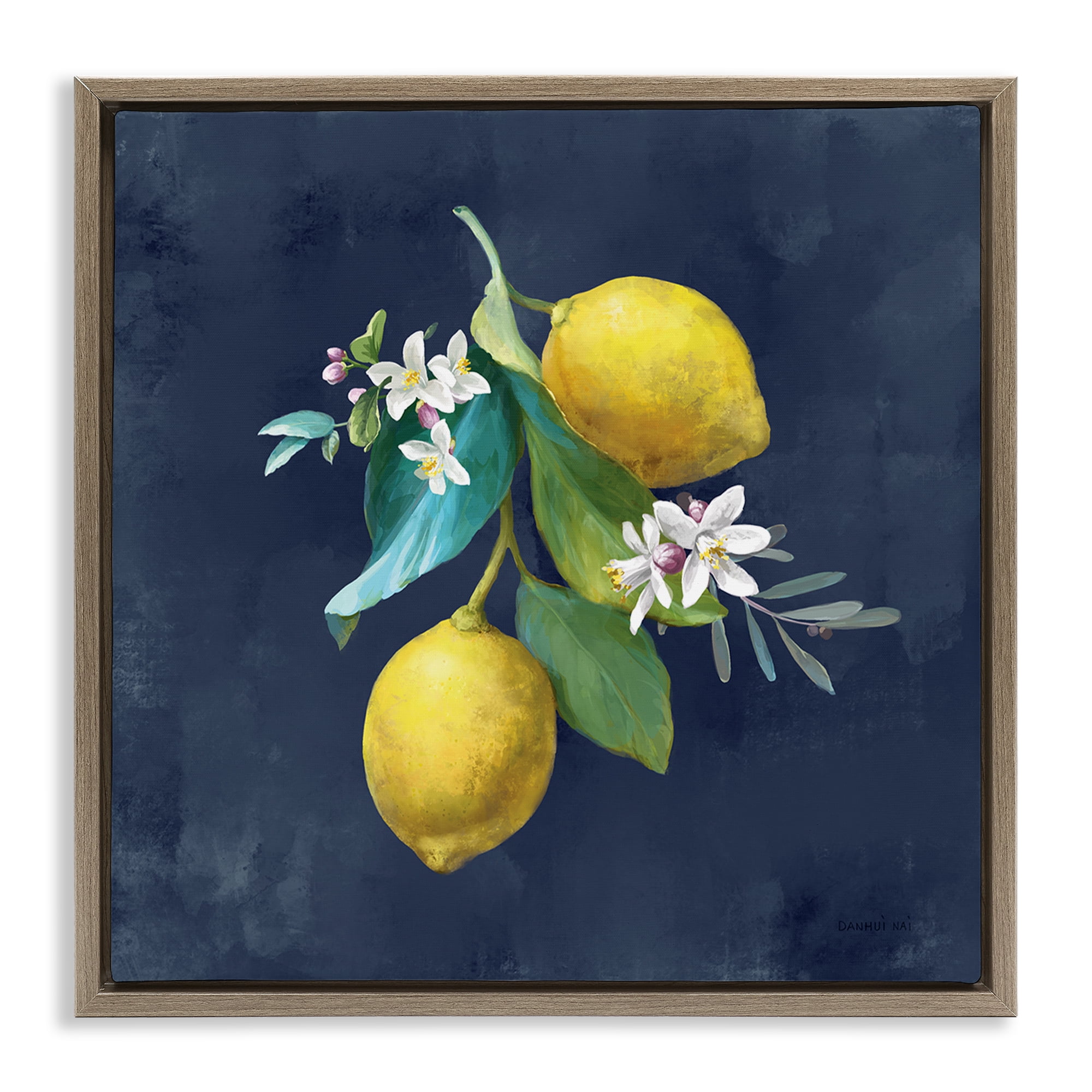 Stupell Industries Lemon Cluster on Blue Food & Beverage Painting Brown Floater Framed Canvas Art Print Wall Art, 25 x 25