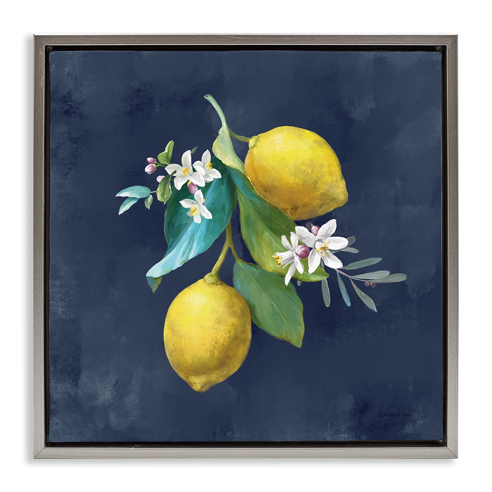 Stupell Industries Lemon Cluster on Blue Food & Beverage Painting Gray Floater Framed Canvas Art Print Wall Art, 25 x 25