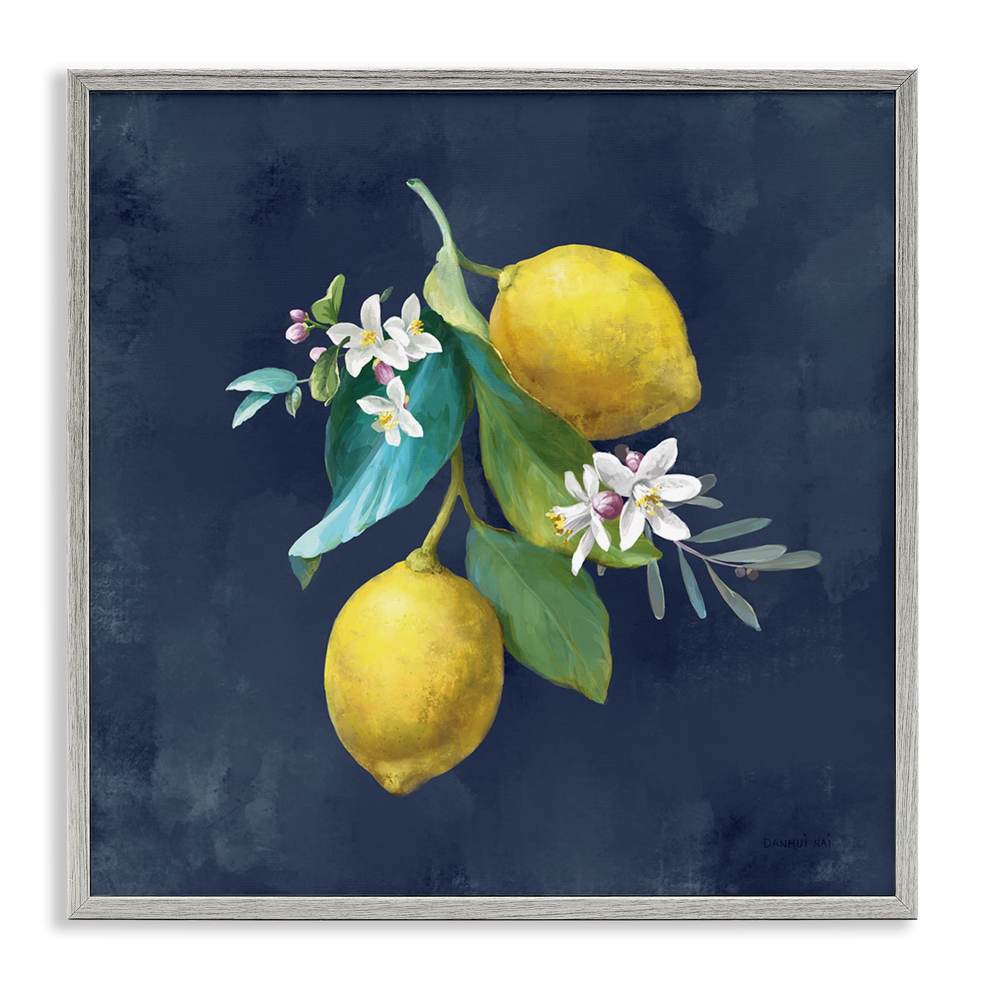 Stupell Industries Lemon Cluster on Blue Food & Beverage Painting Gray Framed Art Print Wall Art, 12 x 12
