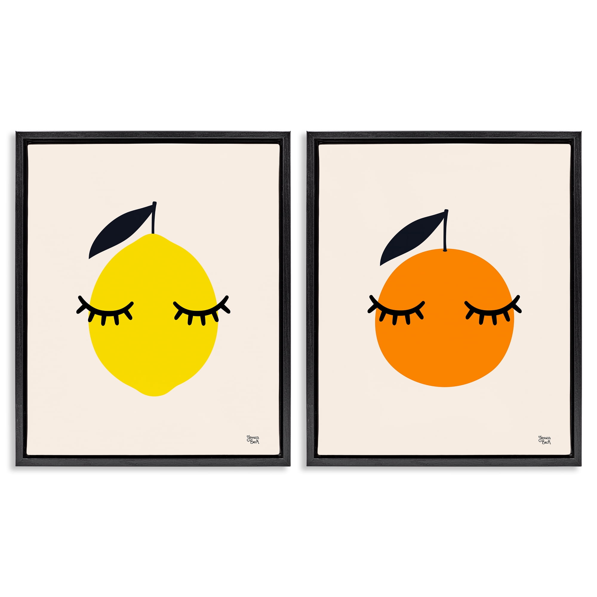 Stupell Industries Lemon & Orange with Eyelashes Food & Beverage Painting Black Floater Framed Canvas Art Print Wall Art, 17 x 21, Set of 2