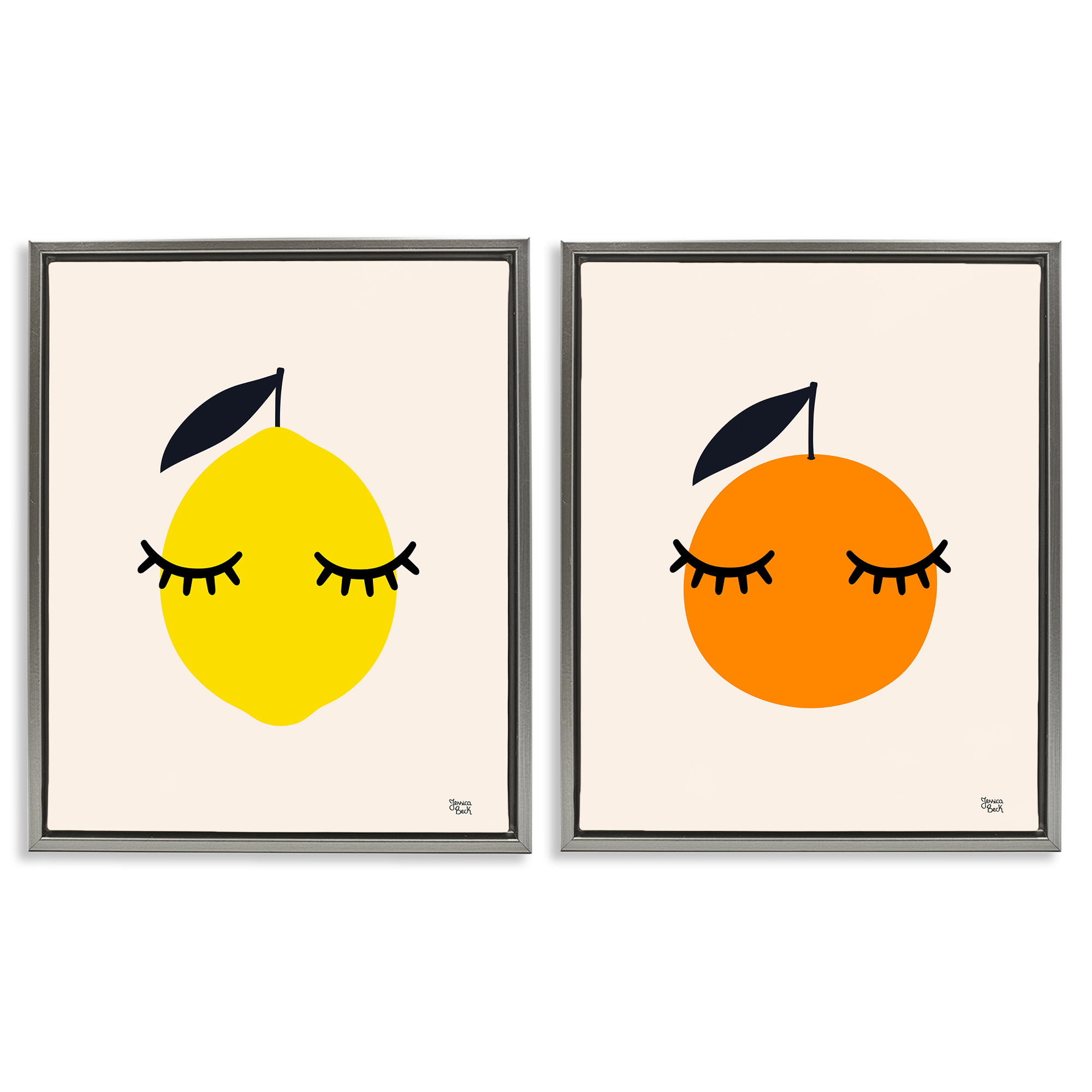 Stupell Industries Lemon & Orange with Eyelashes Food & Beverage Painting Gray Floater Framed Canvas Art Print Wall Art, 31 x 25, Set of 2