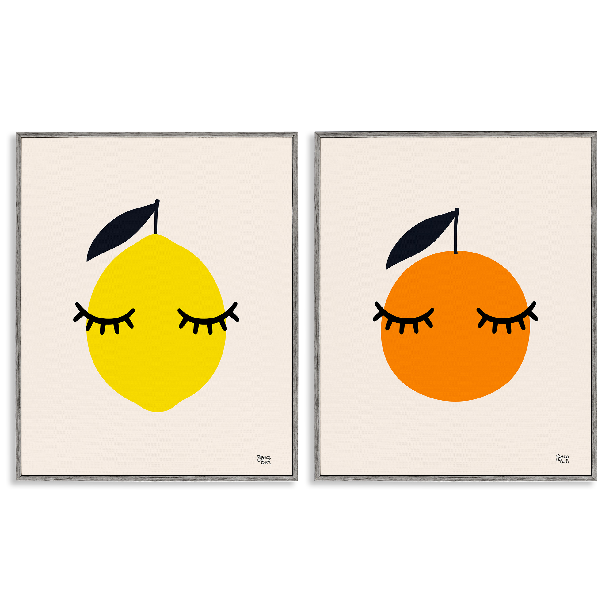 Stupell Industries Lemon & Orange with Eyelashes Food & Beverage Painting Gray Framed Art Print Wall Art, 11 x 14, Set of 2