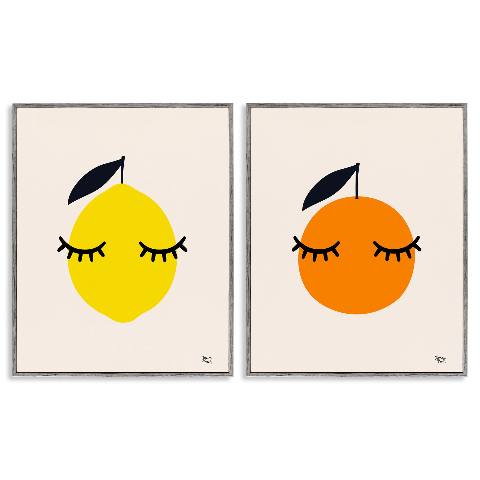Stupell Industries Lemon & Orange with Eyelashes Food & Beverage Painting Gray Framed Art Print Wall Art, 24 x 30, Set of 2