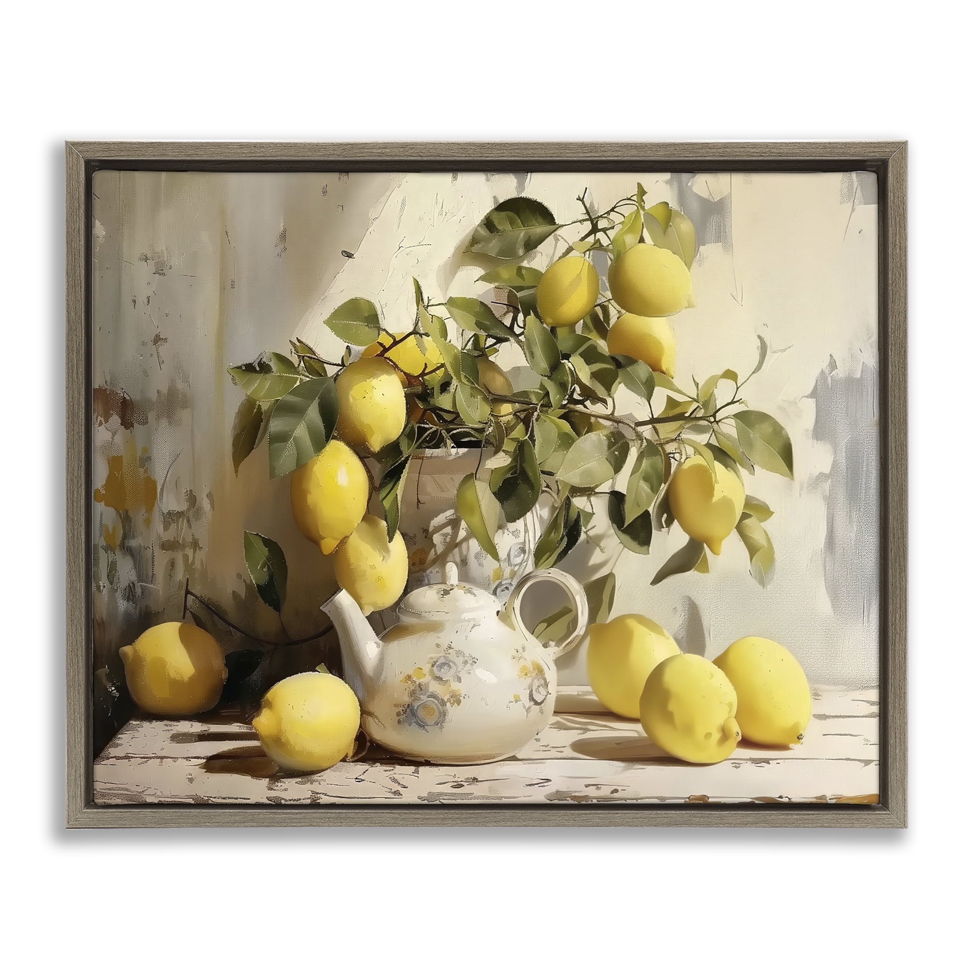 Stupell Industries Lemon Still Life with Teapot Brown Framed Floater Canvas Wall Art, design by LSR Design Studio