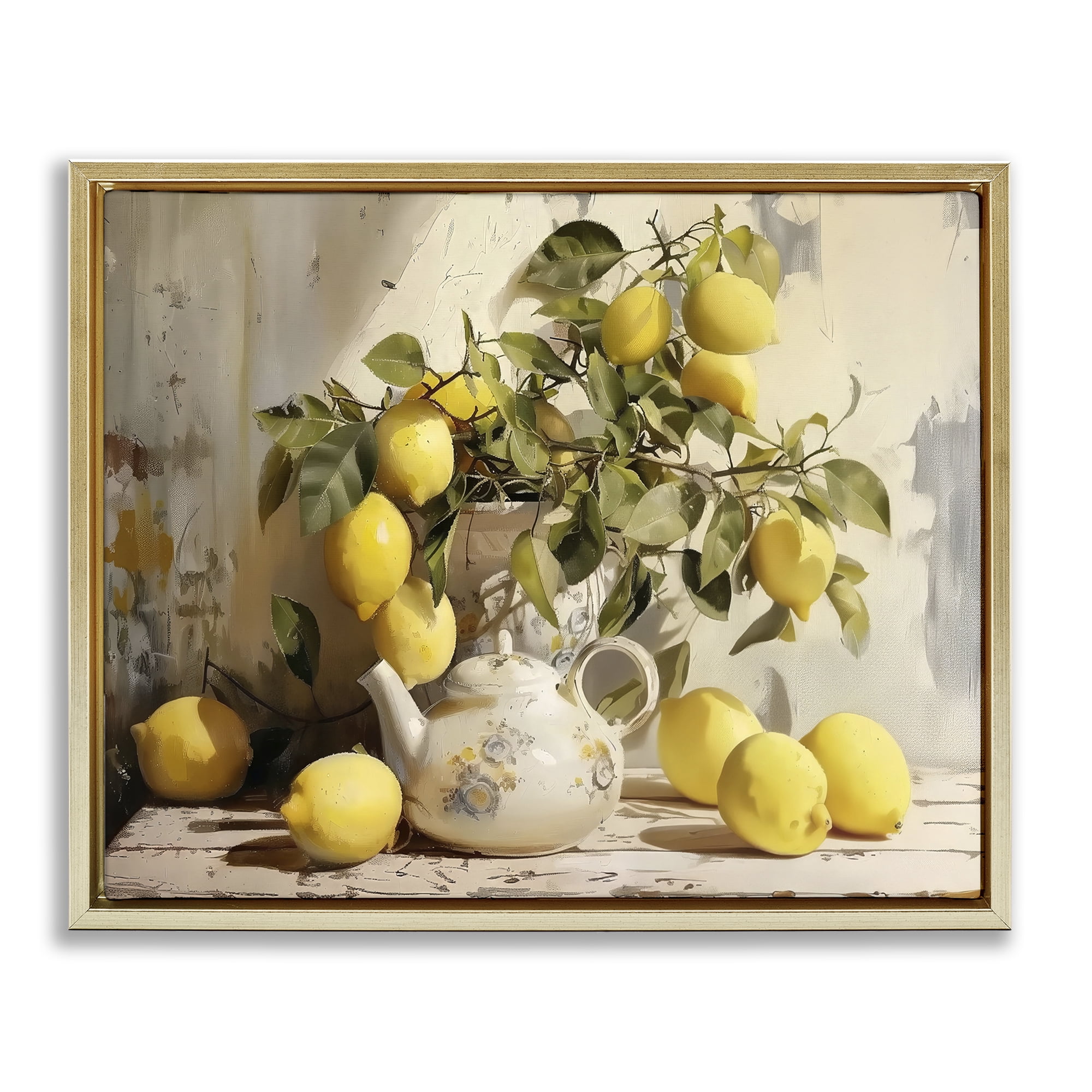 Stupell Industries Lemon Still Life with Teapot Gold Framed Floater Canvas Wall Art, design by LSR Design Studio