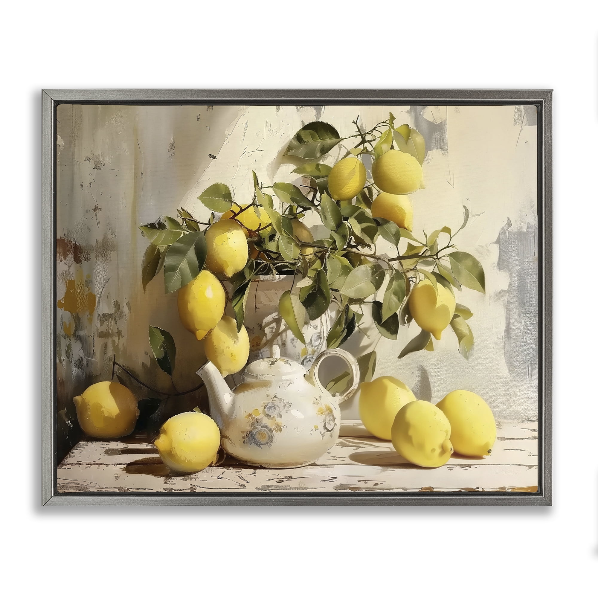 Stupell Industries Lemon Still Life with Teapot Gray Framed Floater Canvas Wall Art, design by LSR Design Studio