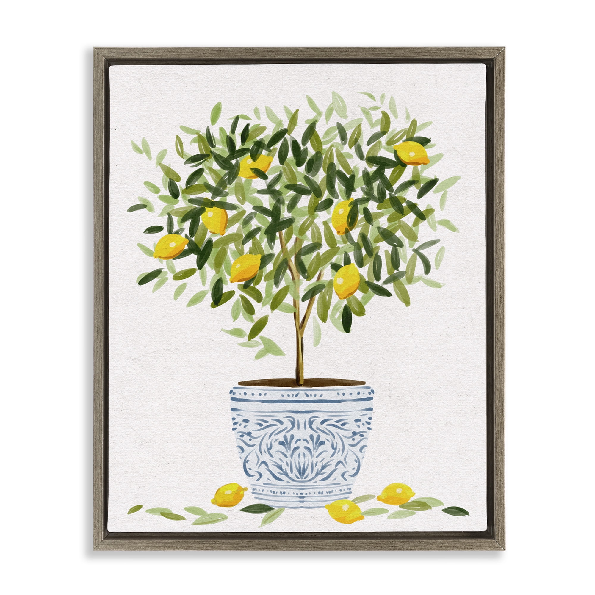 Stupell Industries Lemon Tree Detailed Planter Food & Beverage Painting Brown Floater Framed Canvas Art Print Wall Art, 17 x 21