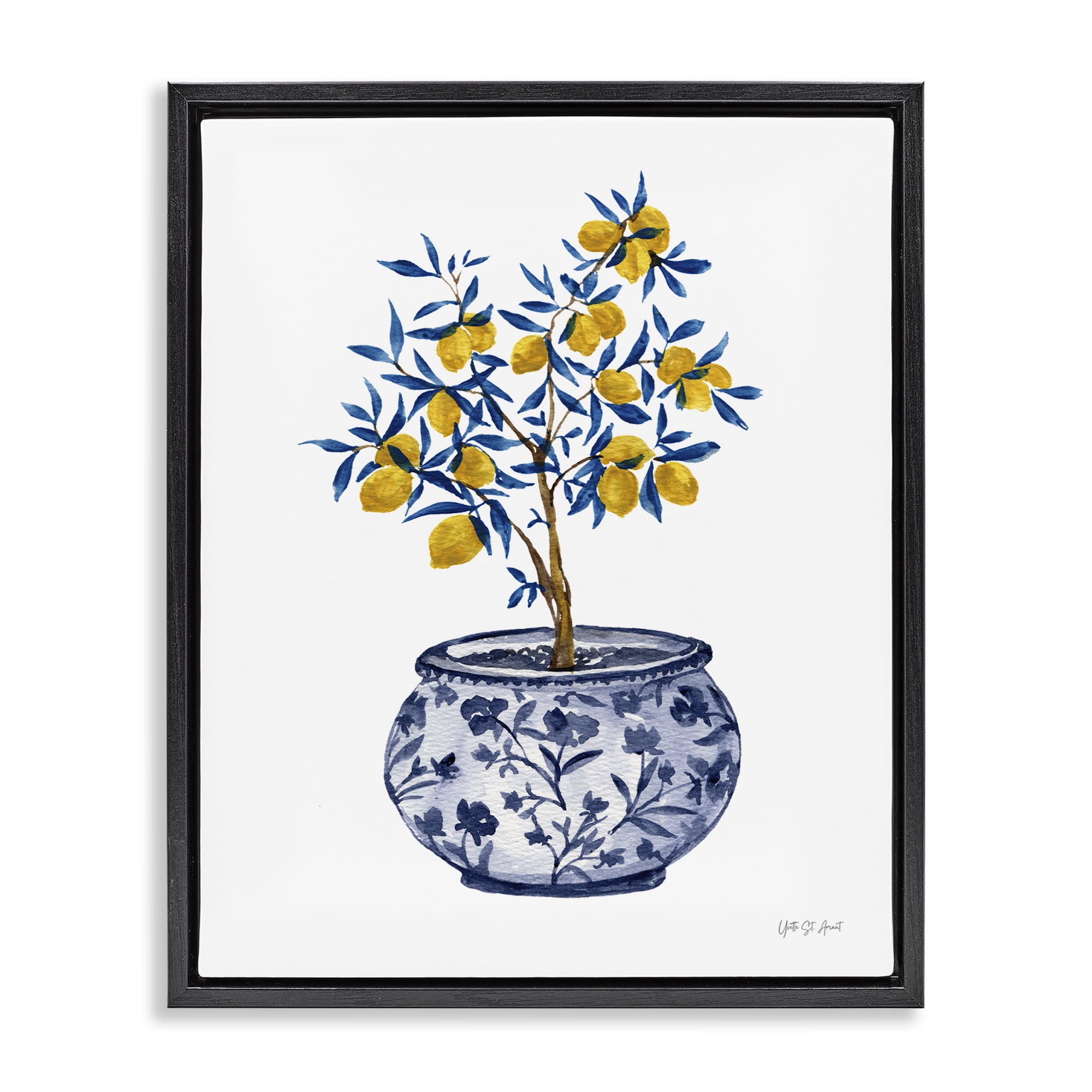 Stupell Industries Lemon Tree in Chinoiserie Food & Beverage Painting Black Floater Framed Canvas Art Print Wall Art, 25 x 31