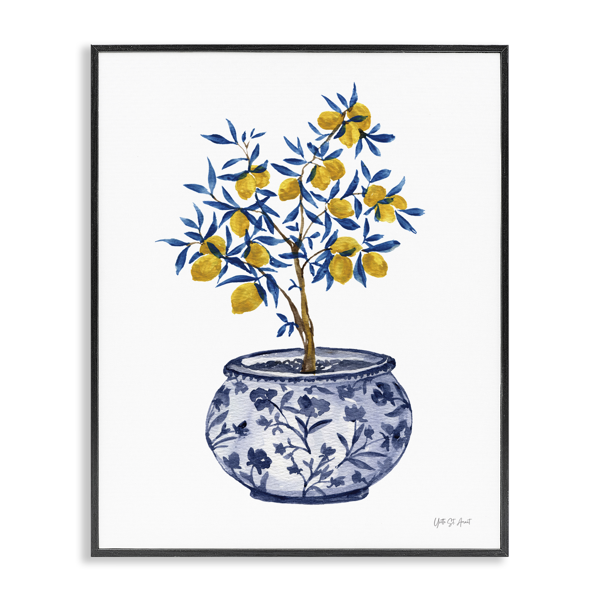 Stupell Industries Lemon Tree in Chinoiserie Food & Beverage Painting Black Framed Art Print Wall Art, 24 x 30
