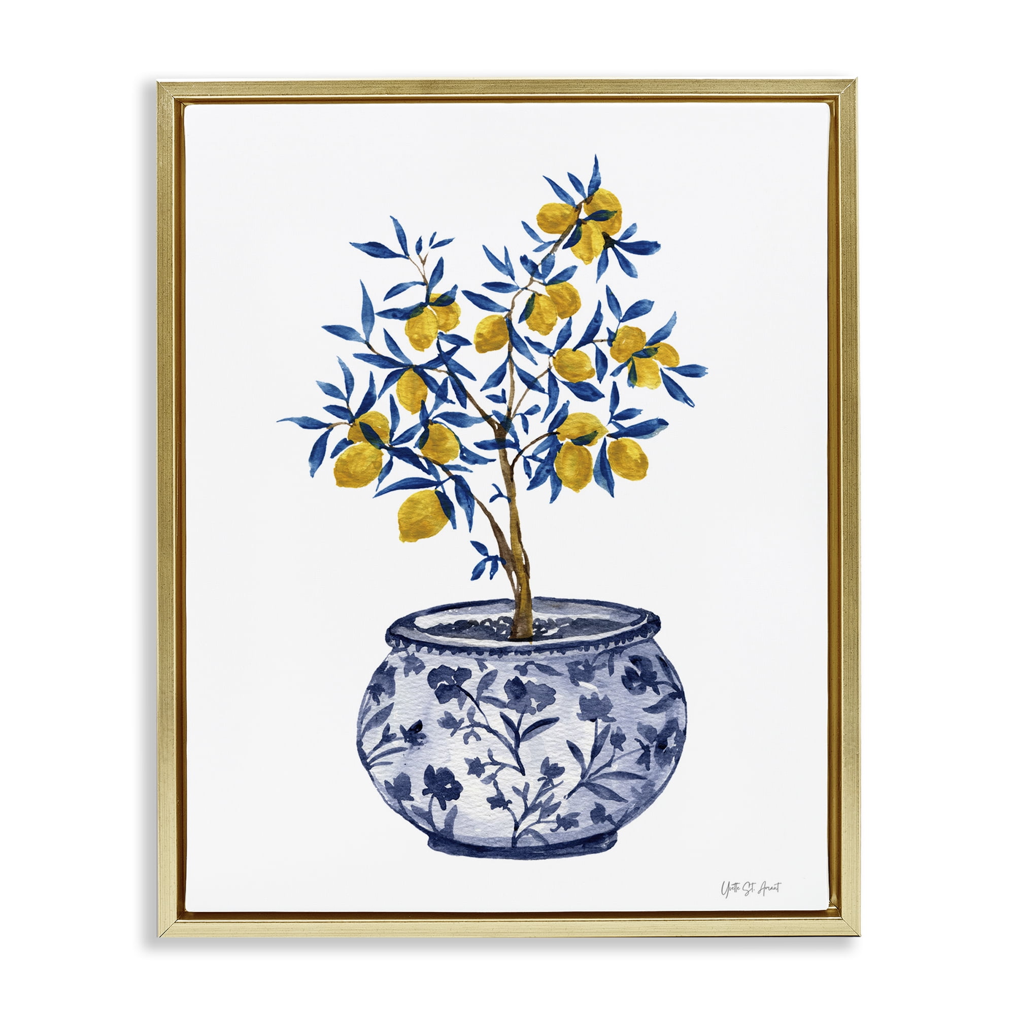 Stupell Industries Lemon Tree in Chinoiserie Food & Beverage Painting Gold Floater Framed Art Print Wall Art, 17 x 21