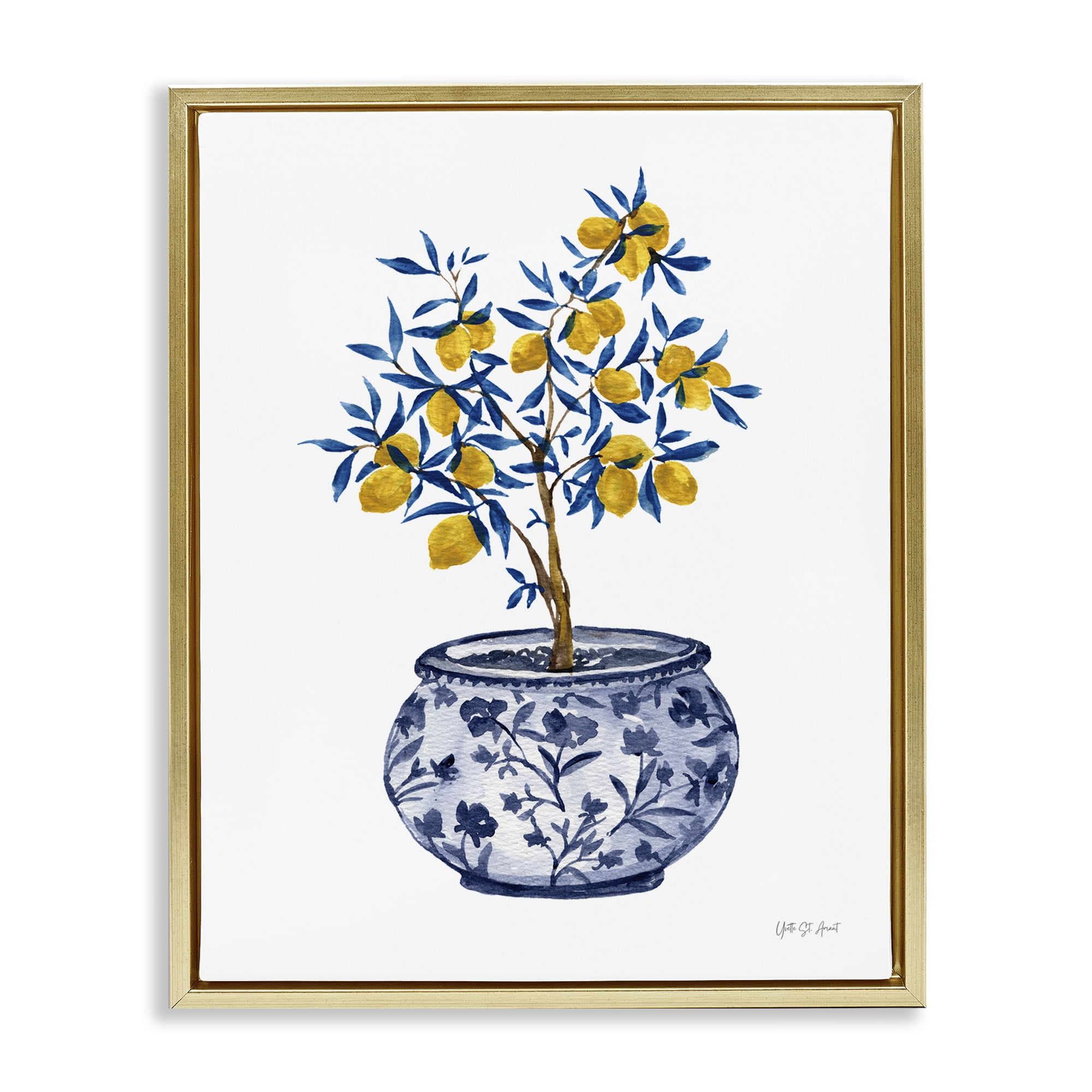 Stupell Industries Lemon Tree in Chinoiserie Food & Beverage Painting Gold Floater Framed Canvas Art Print Wall Art, 25 x 31