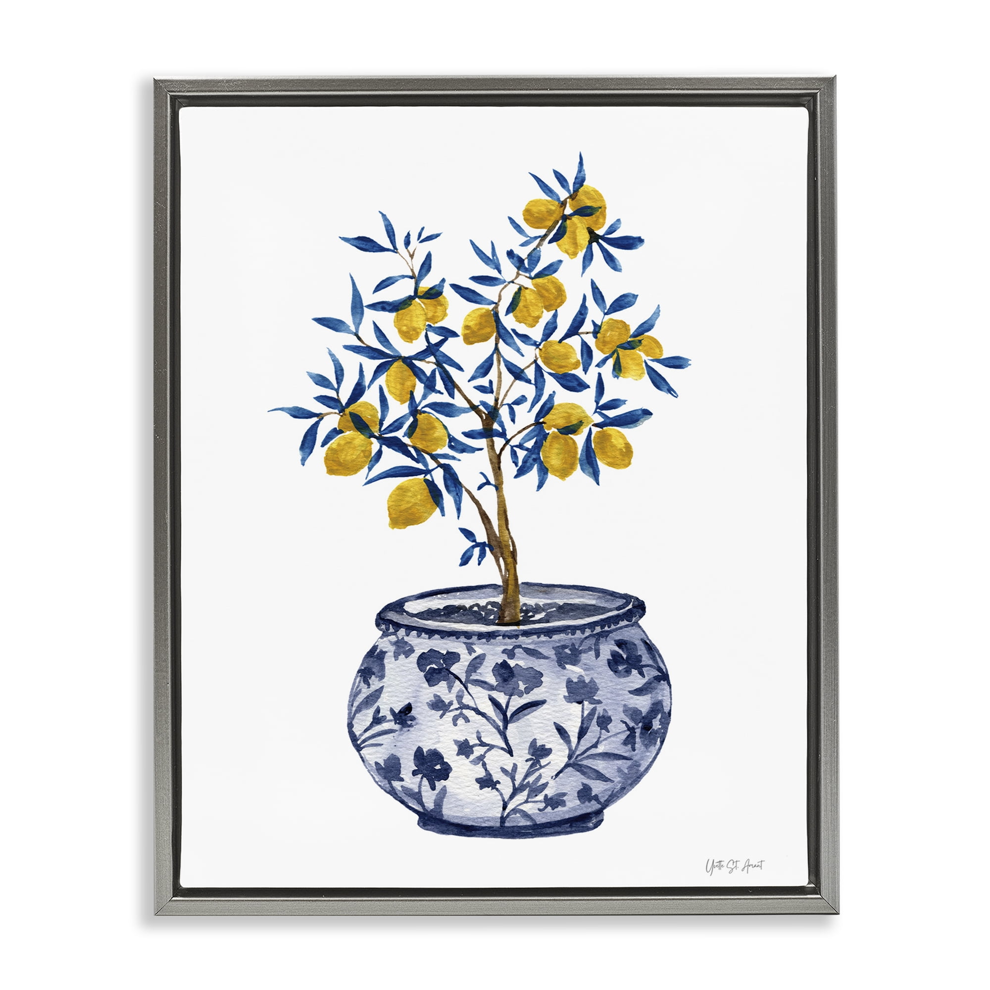 Stupell Industries Lemon Tree in Chinoiserie Food & Beverage Painting Gray Floater Framed Art Print Wall Art, 17 x 21