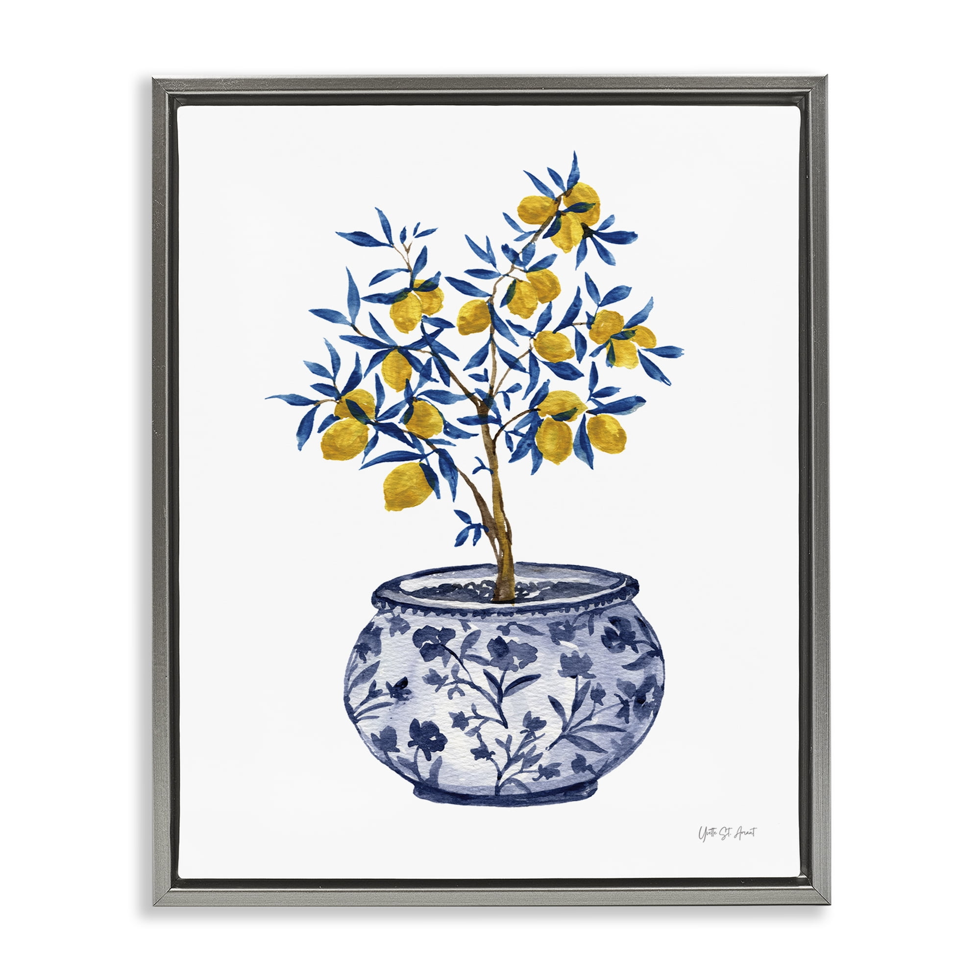 Stupell Industries Lemon Tree in Chinoiserie Food & Beverage Painting Gray Floater Framed Canvas Art Print Wall Art, 17 x 21