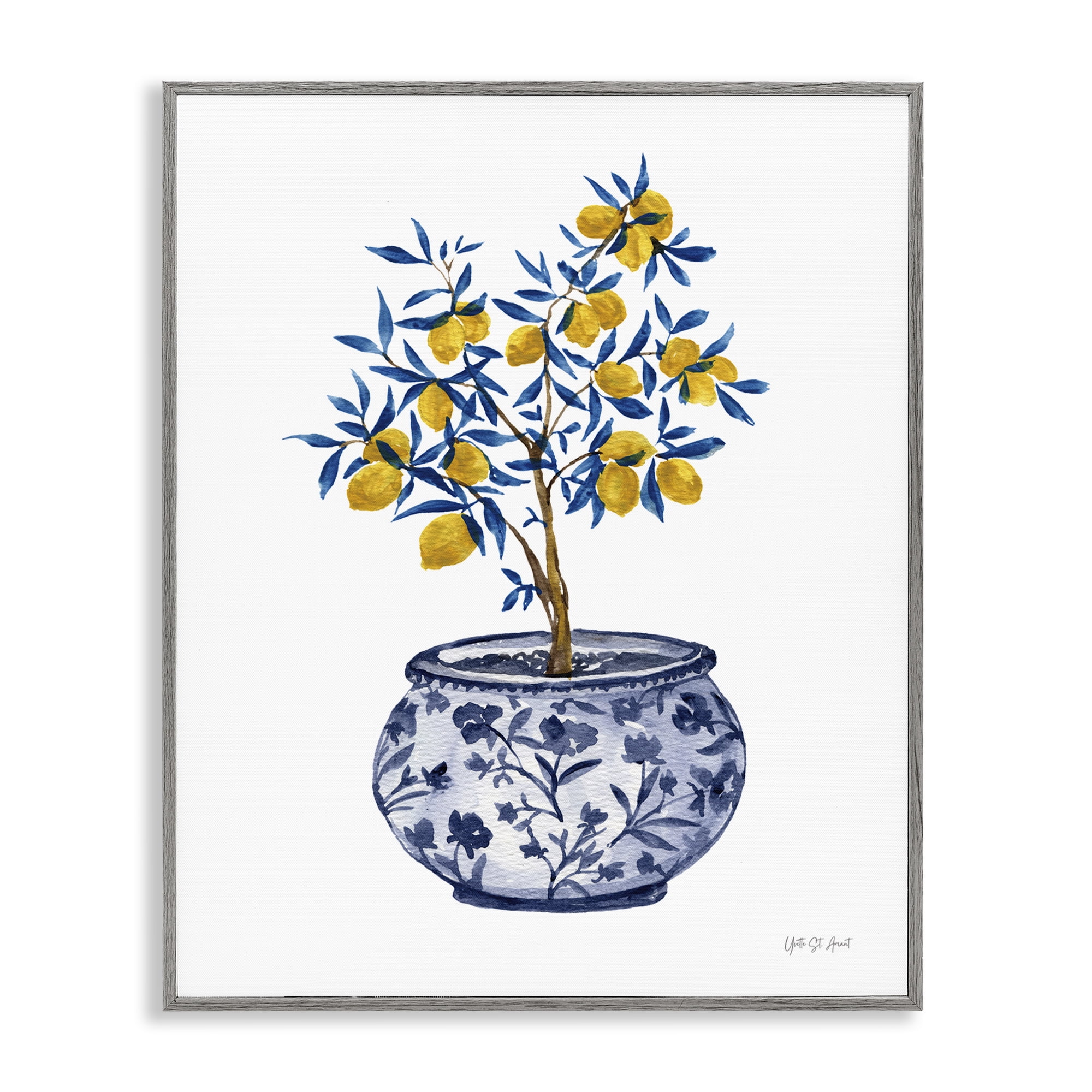 Stupell Industries Lemon Tree in Chinoiserie Food & Beverage Painting Gray Framed Art Print Wall Art, 11 x 14