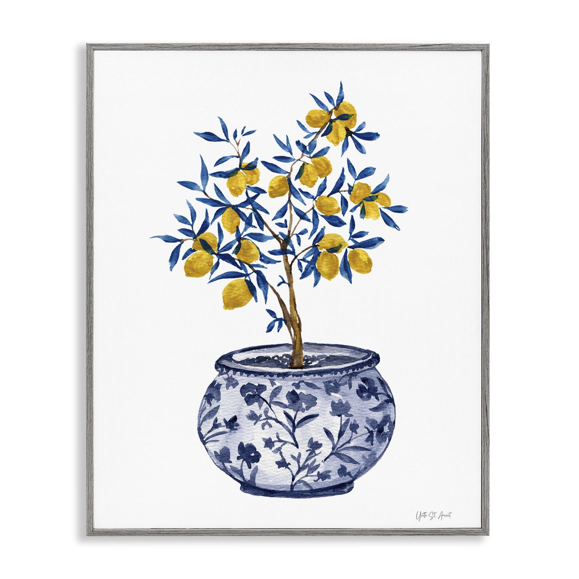 Stupell Industries Lemon Tree in Chinoiserie Food & Beverage Painting Gray Framed Art Print Wall Art, 16 x 20
