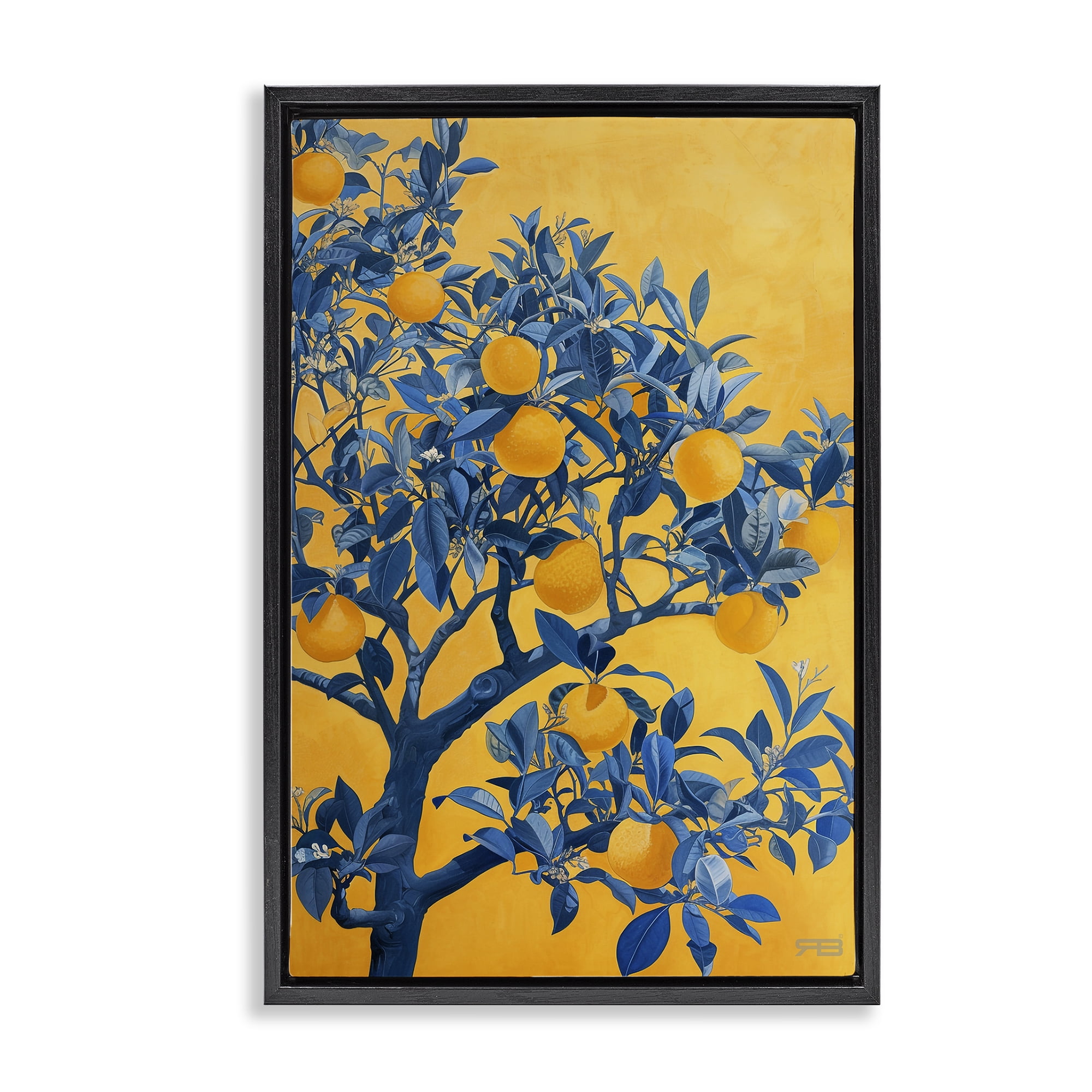 Stupell Industries Lemon Tree on Orange Food & Beverage Painting Black Floater Framed Canvas Art Print Wall Art, 21 x 31