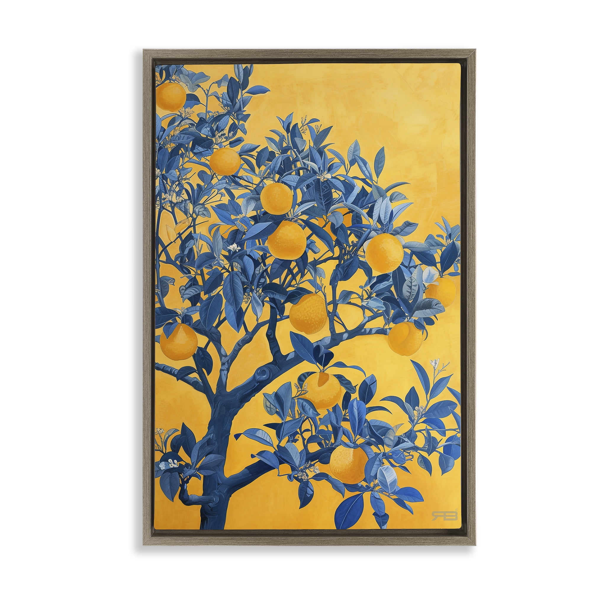 Stupell Industries Lemon Tree on Orange Food & Beverage Painting Brown Floater Framed Canvas Art Print Wall Art, 21 x 31