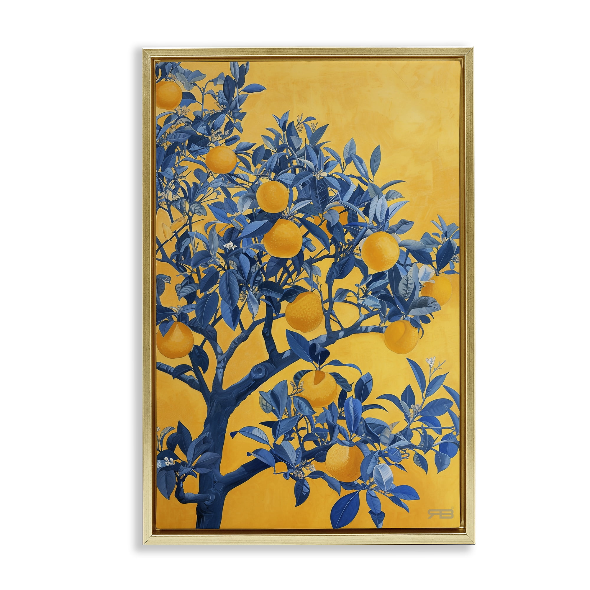 Stupell Industries Lemon Tree on Orange Food & Beverage Painting Gold Floater Framed Canvas Art Print Wall Art, 17 x 25