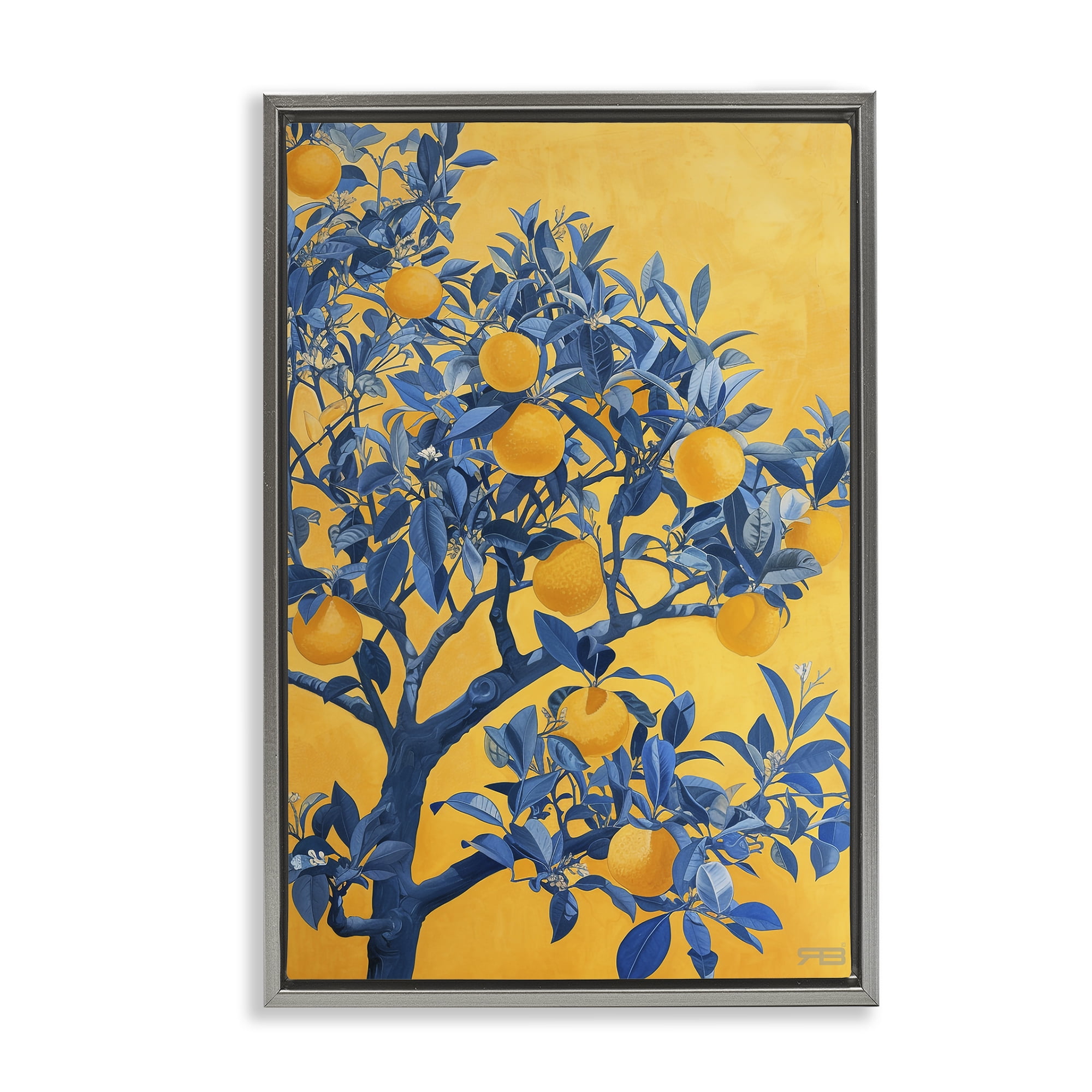 Stupell Industries Lemon Tree on Orange Food & Beverage Painting Gray Floater Framed Canvas Art Print Wall Art, 21 x 31