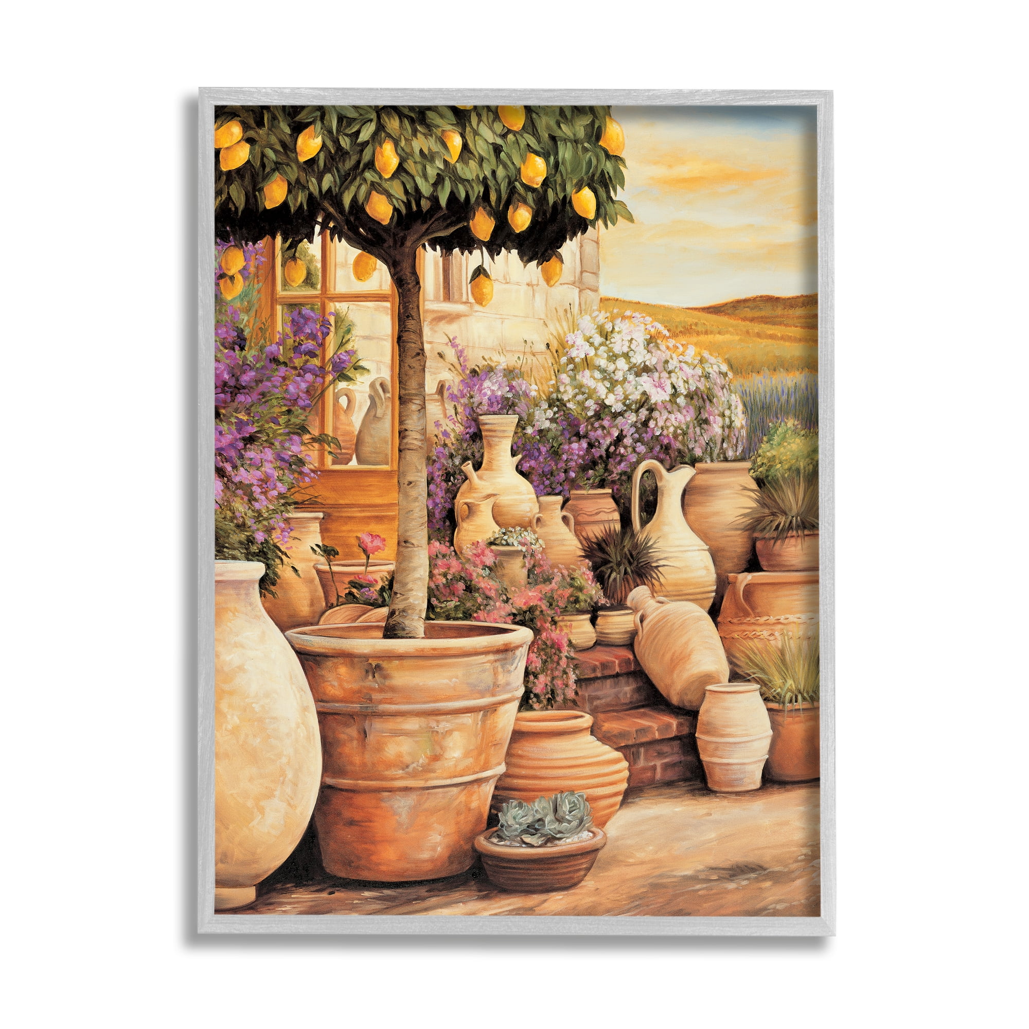 Stupell Industries Lemon Tree on Patio Nature Painting Gray Framed Art Print Wall Art, 11 x 14