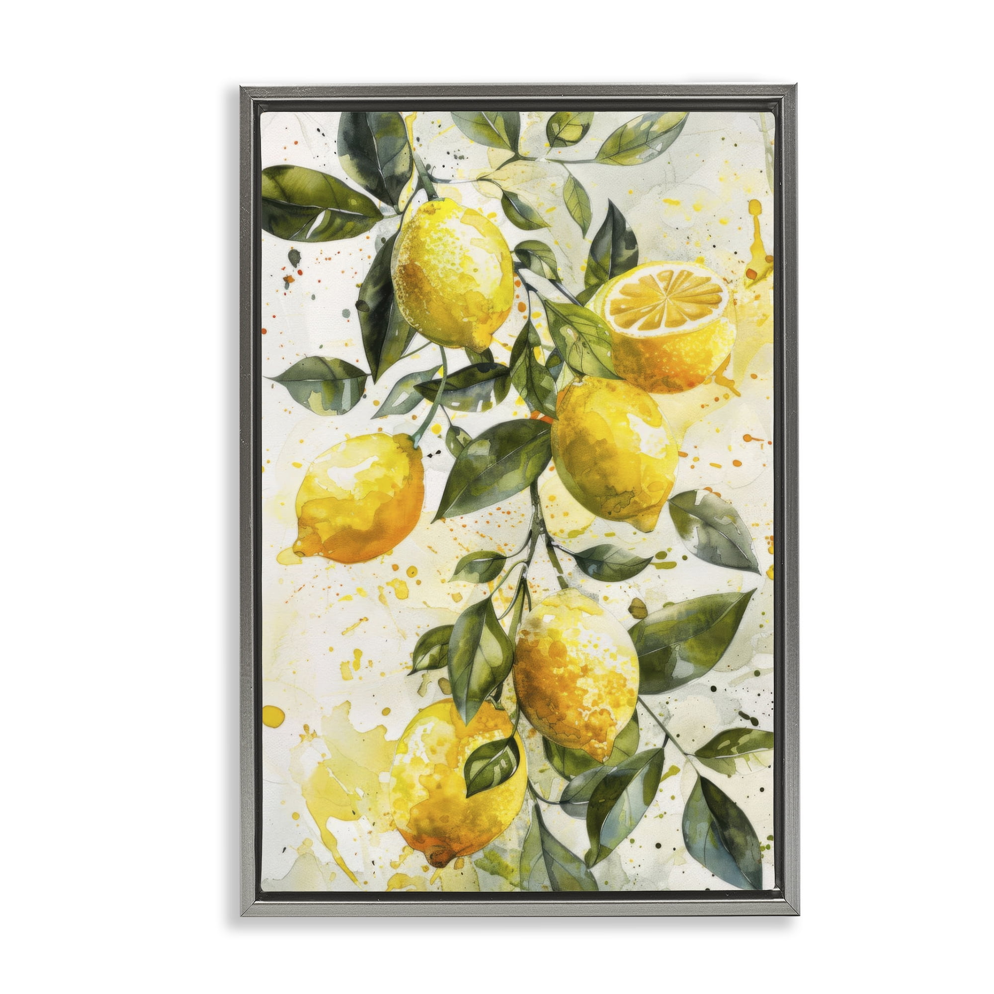 Stupell Industries Lemon Watercolor Splashes Food & Beverage Painting Gray Floater Framed Canvas Art Print Wall Art, 21 x 31