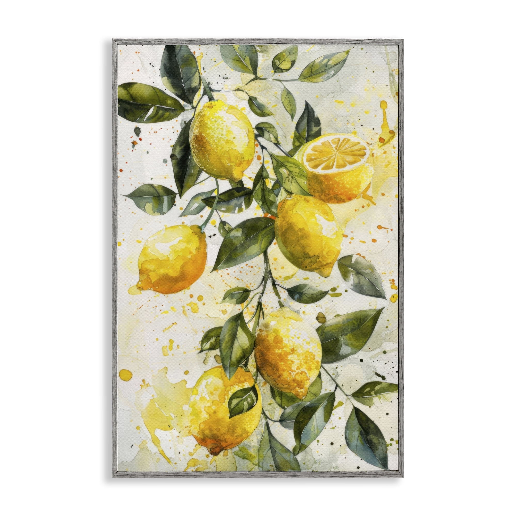 Stupell Industries Lemon Watercolor Splashes Food & Beverage Painting Gray Framed Art Print Wall Art, 12 x 18
