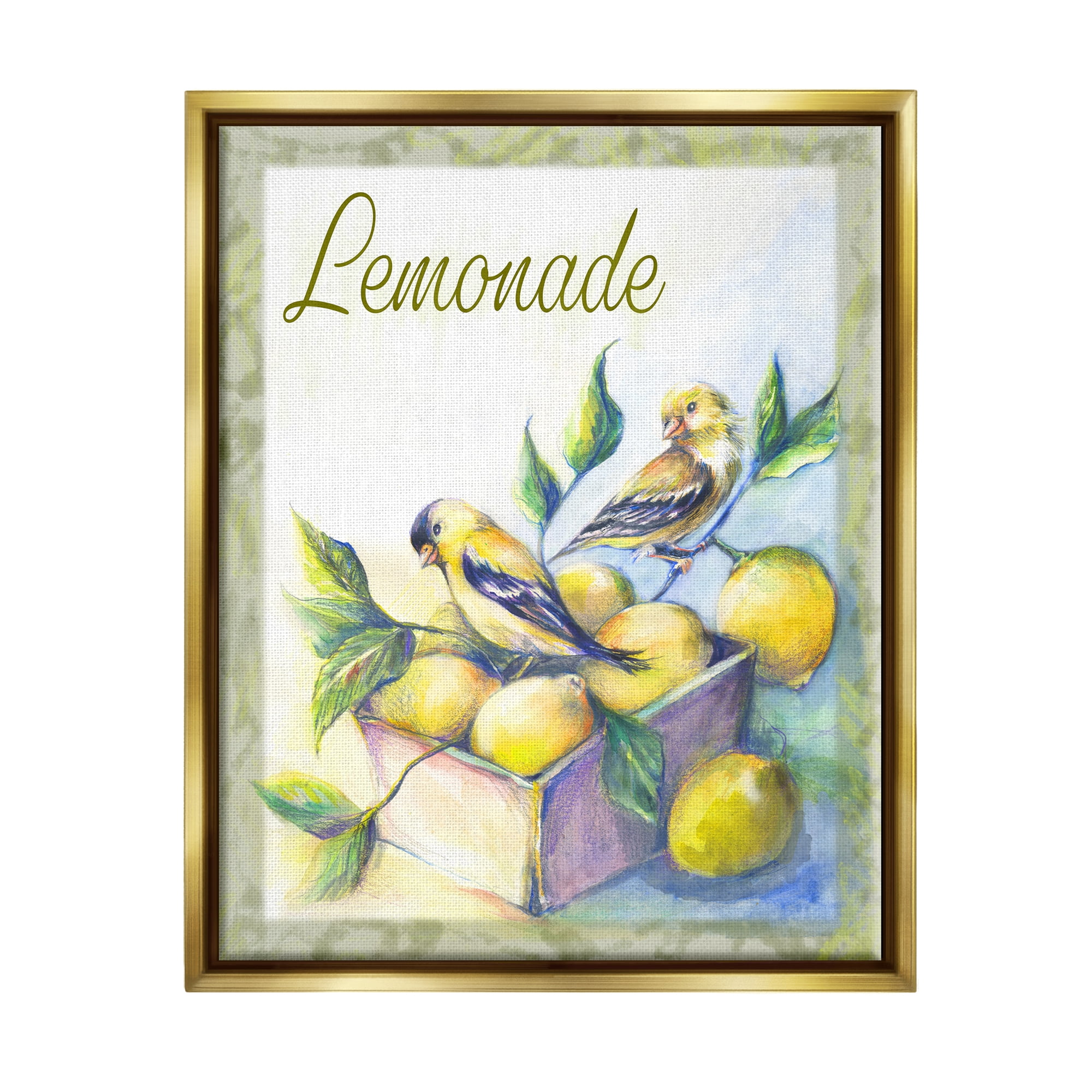 Stupell Industries Lemonade Phrase with Canaries Food & Beverage Painting Gold Floater Framed Canvas Art Print Wall Art, 25 x 31