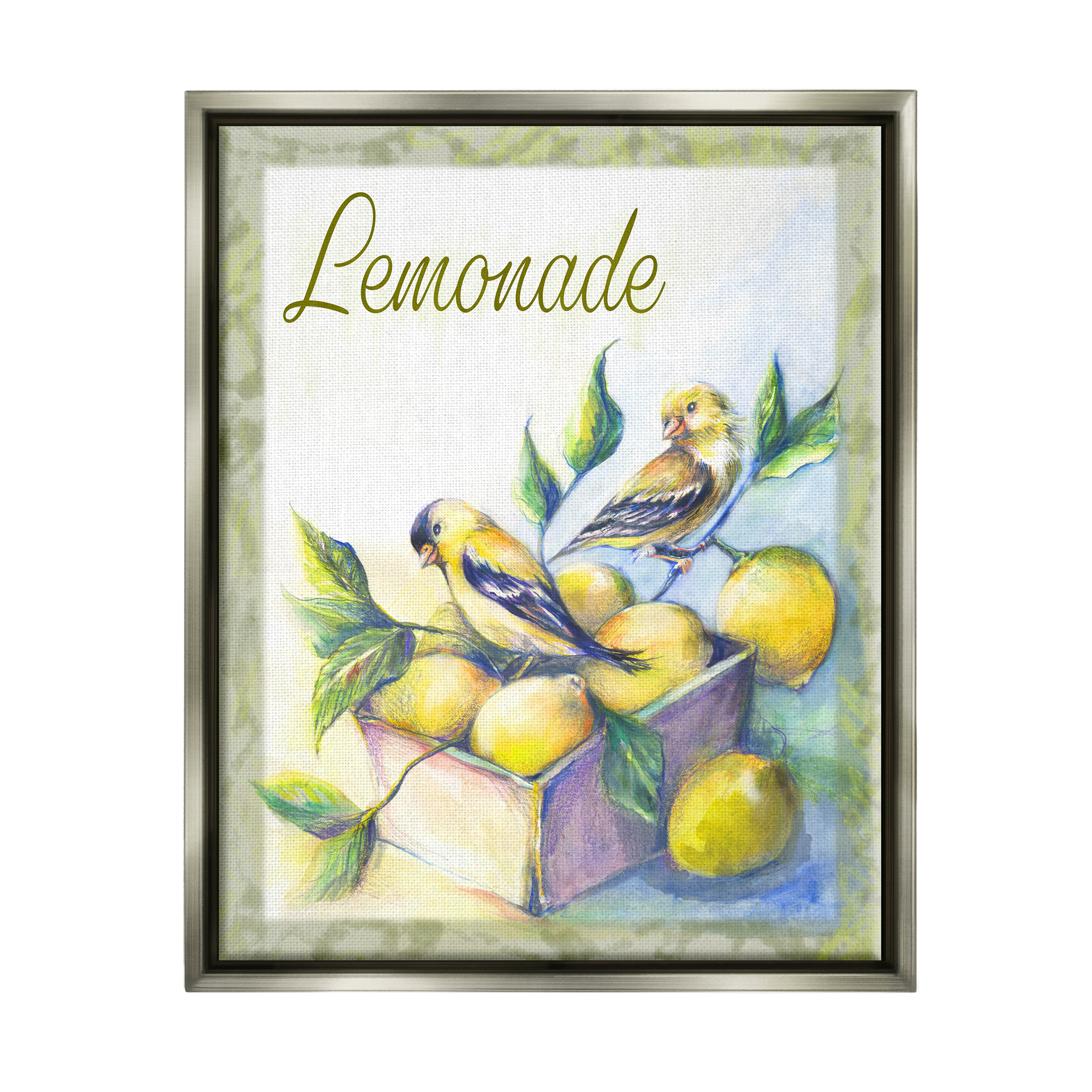 Stupell Industries Lemonade Phrase with Canaries Food & Beverage Painting Gray Floater Framed Canvas Art Print Wall Art, 17 x 21