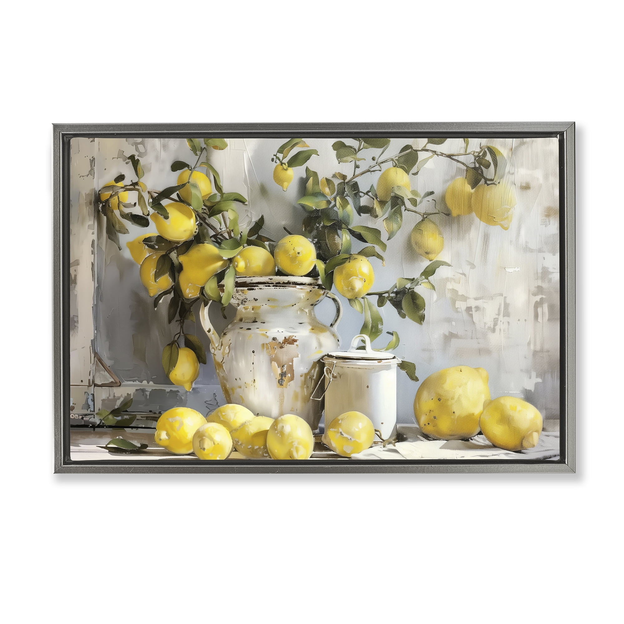 Stupell Industries Lemons & Canisters Still Life Food & Beverage Painting Gray Floater Framed Canvas Art Print Wall Art, 31 x 21