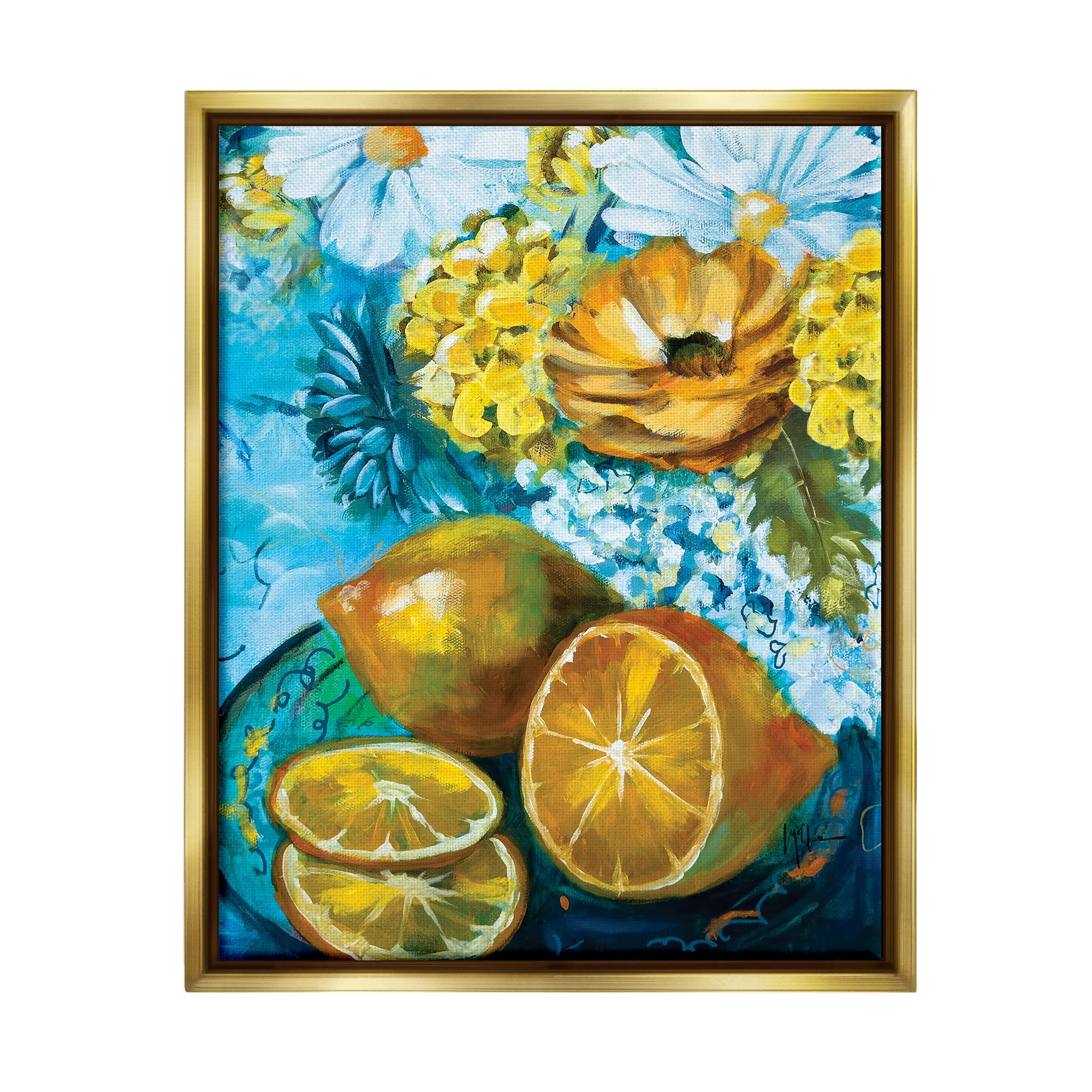 Stupell Industries Lemons & Flowers Painting Food & Beverage Painting Gold Floater Framed Art Print Wall Art, 25 x 31