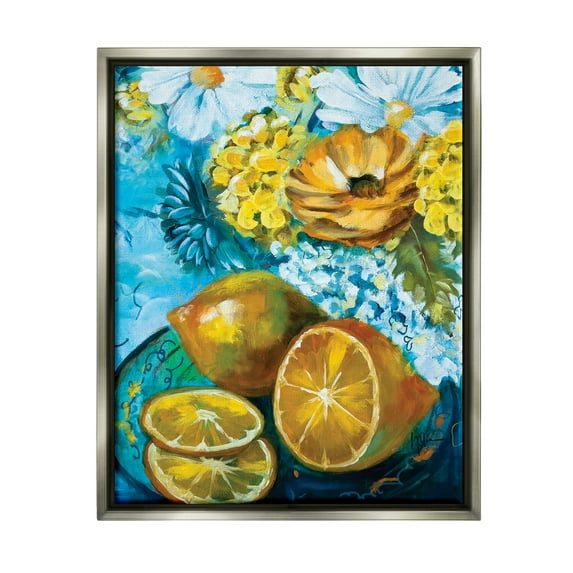 Stupell Industries Lemons & Flowers Painting Food & Beverage Painting Gray Floater Framed Art Print Wall Art, 25 x 31