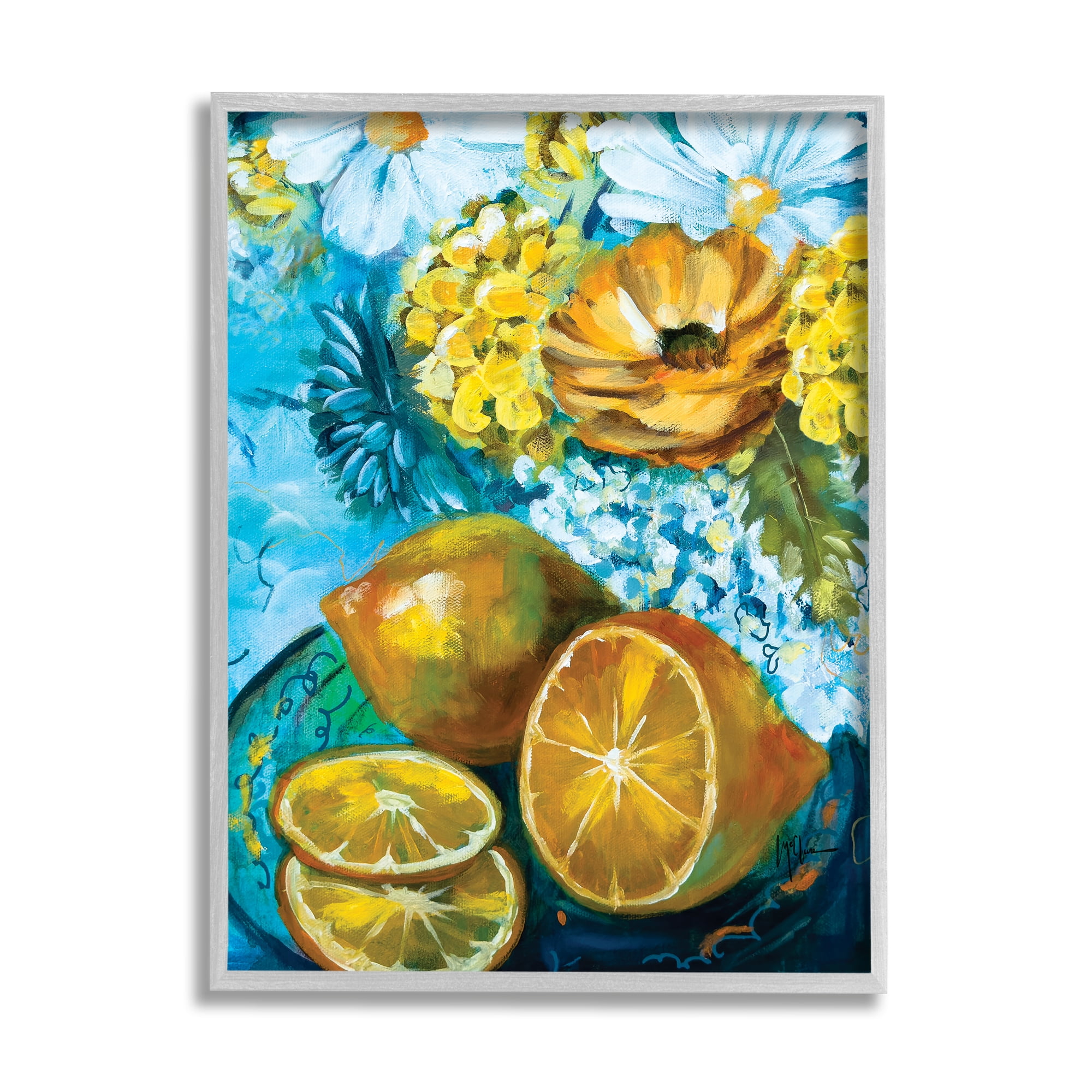 Stupell Industries Lemons & Flowers Painting Food & Beverage Painting Gray Framed Art Print Wall Art, 16 x 20