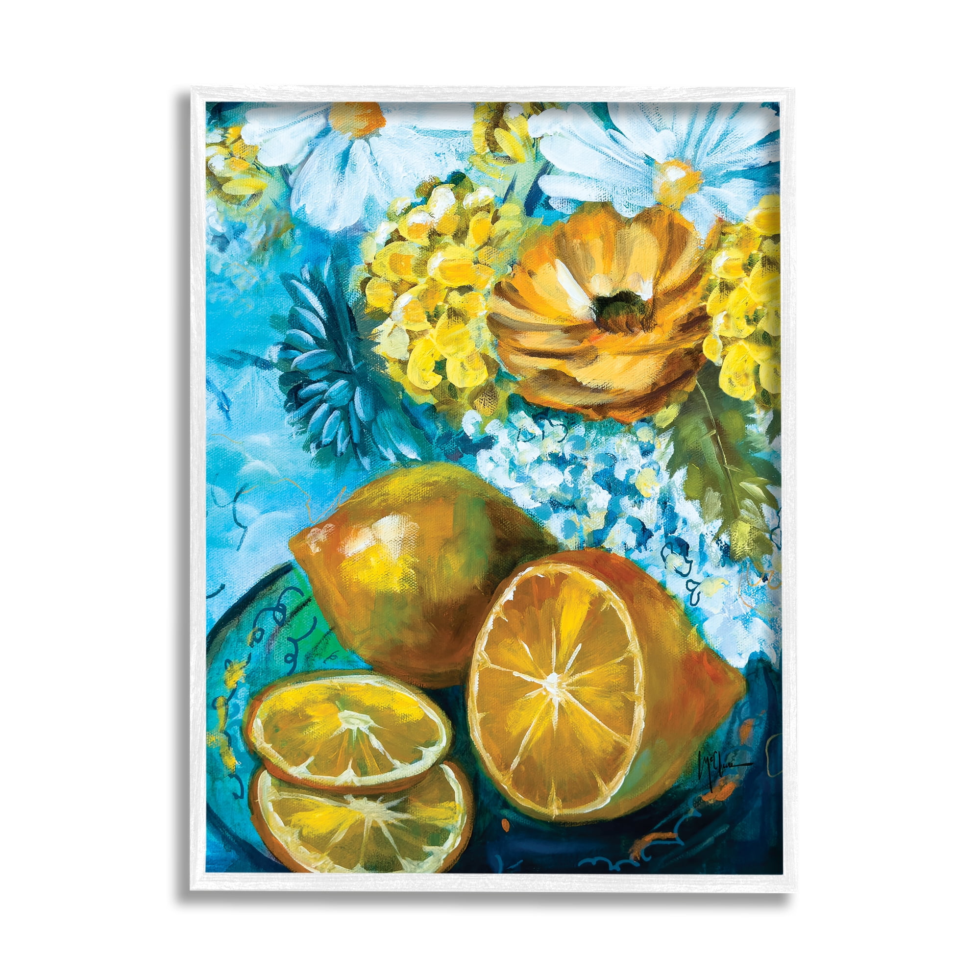 Stupell Industries Lemons & Flowers Painting Food & Beverage Painting White Framed Art Print Wall Art, 11 x 14