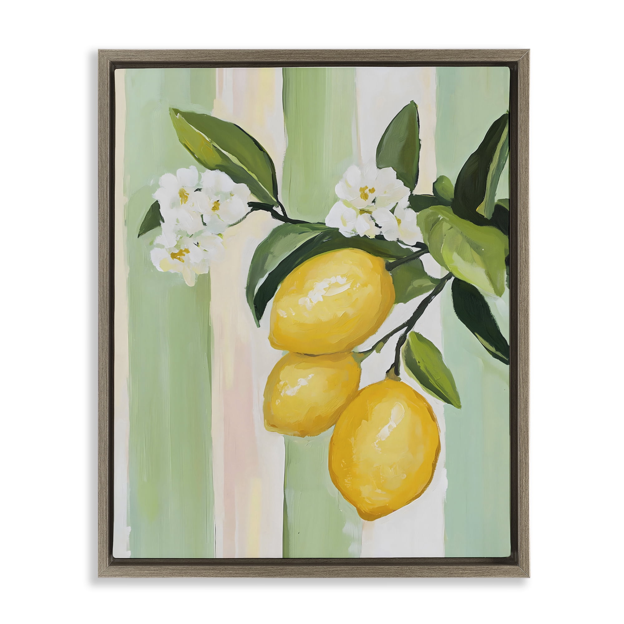 Stupell Industries Lemons & Flowers on Stripes Brown Framed Floater Canvas Wall Art, design by The Prints Vibe
