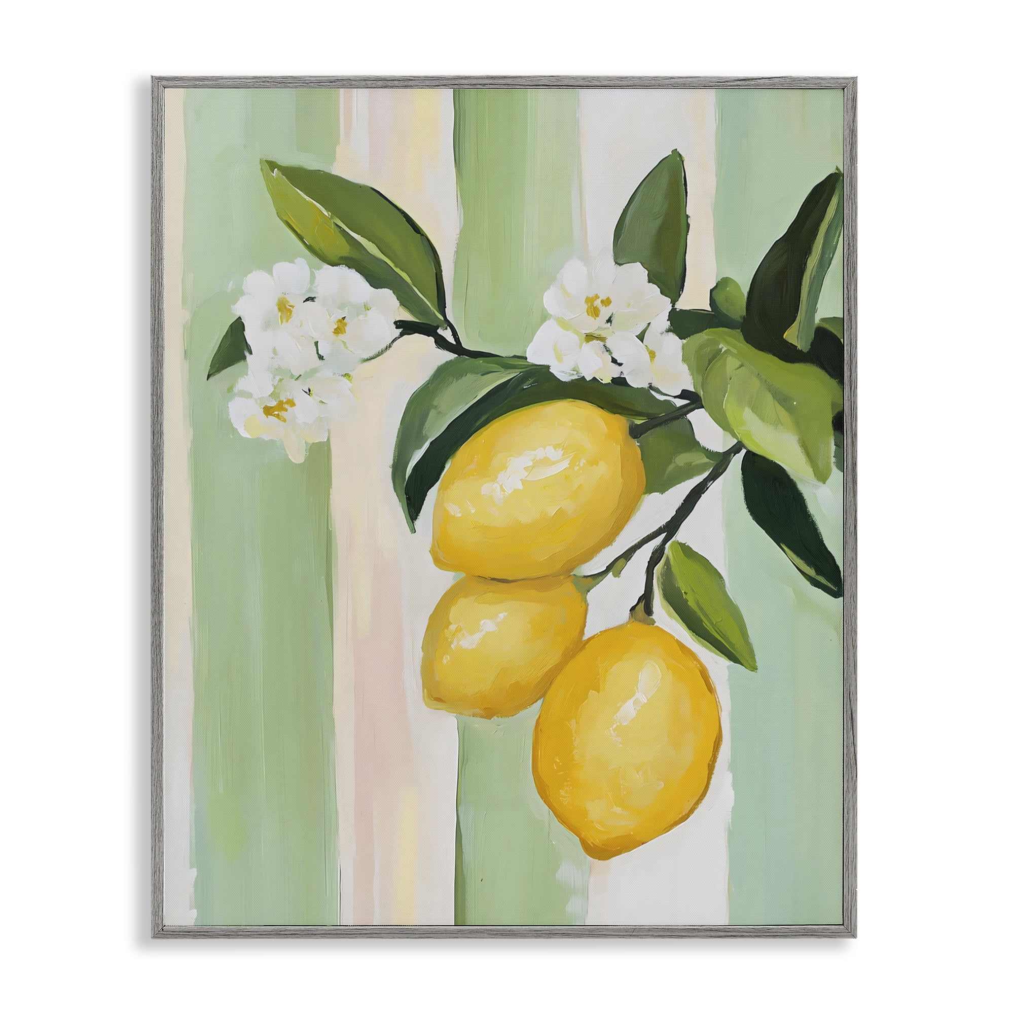 Stupell Industries Lemons & Flowers on Stripes Gray Framed Giclee Art, design by The Prints Vibe