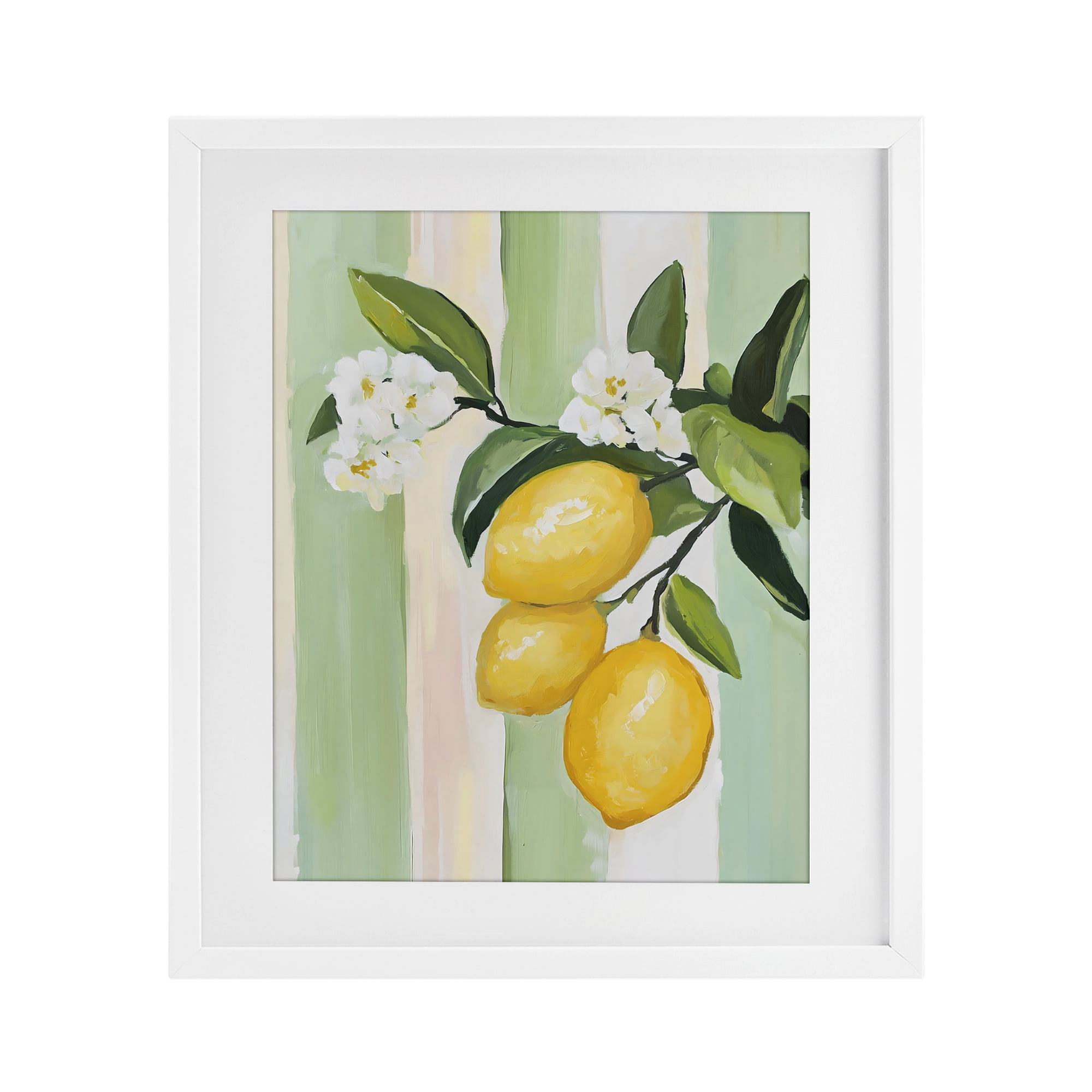 Stupell Industries Lemons & Flowers on Stripes White Framed Print Under Glass, design by The Prints Vibe