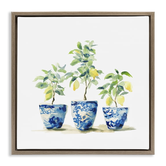 Stupell Industries Farmhouse Lemons In Blue Pots Brown Floating Frame Canvas Art, 25 x 25, by Svetlana Aleynikova
