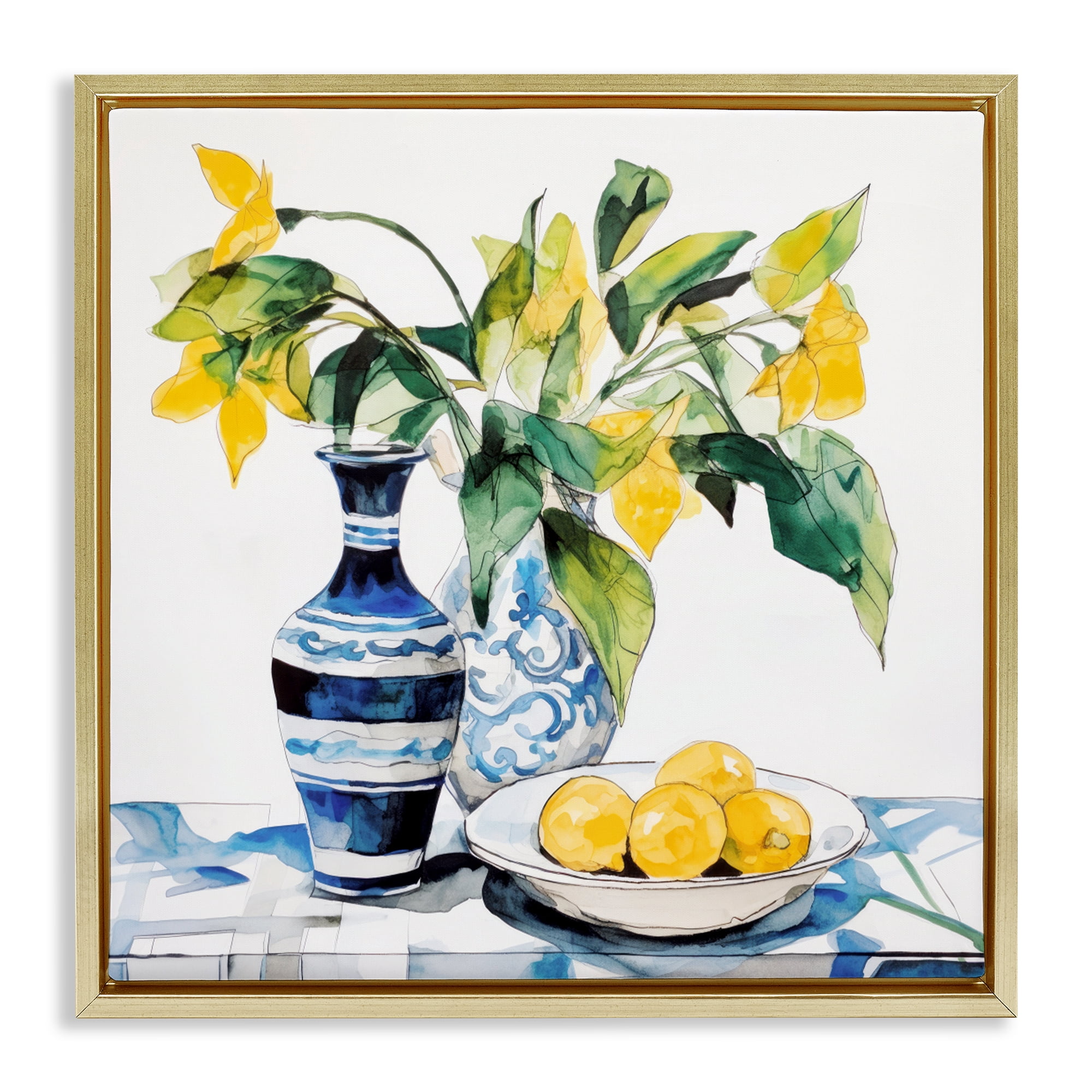 Stupell Industries Lemons & Leaves Table Setting Gold Framed Floater Canvas Wall Art, design by Ray Powers