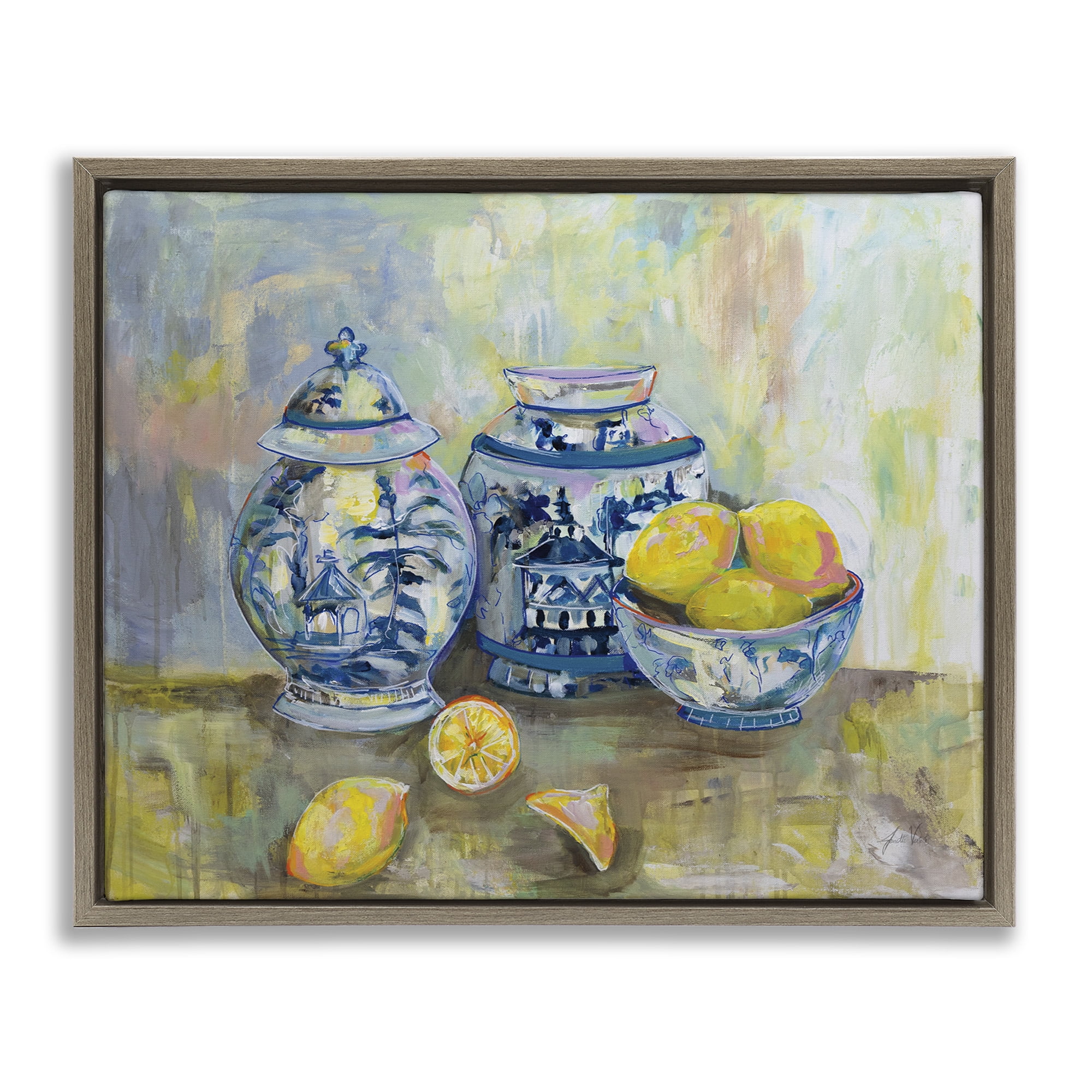 Stupell Industries Lemons & Pottery Classical Painting Food & Beverage Painting Brown Floater Framed Canvas Art Print Wall Art, 31 x 25