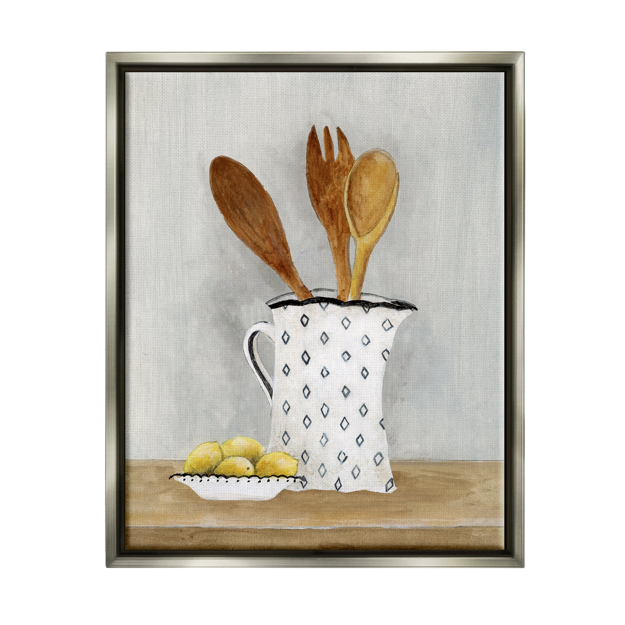 Stupell Industries Lemons & Utensils Kitchen Painting Food & Beverage Painting Gray Floater Framed Art Print Wall Art