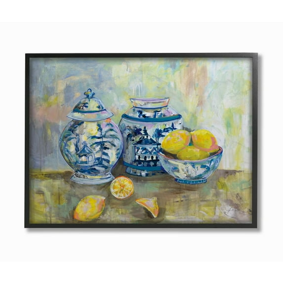 Stupell Industries Lemons and Pottery Yellow Blue Classical Painting Black Framed Art Print Wall Art, 16x20, by Jeanette Vertentes