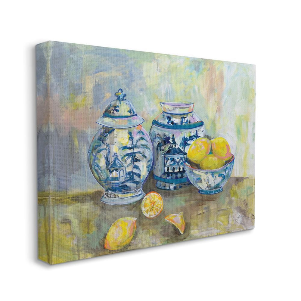 Stupell Industries Lemons and Pottery Yellow Blue Classical Painting Canvas Wall Art by Jeanette Vertentes, 24" x 30"