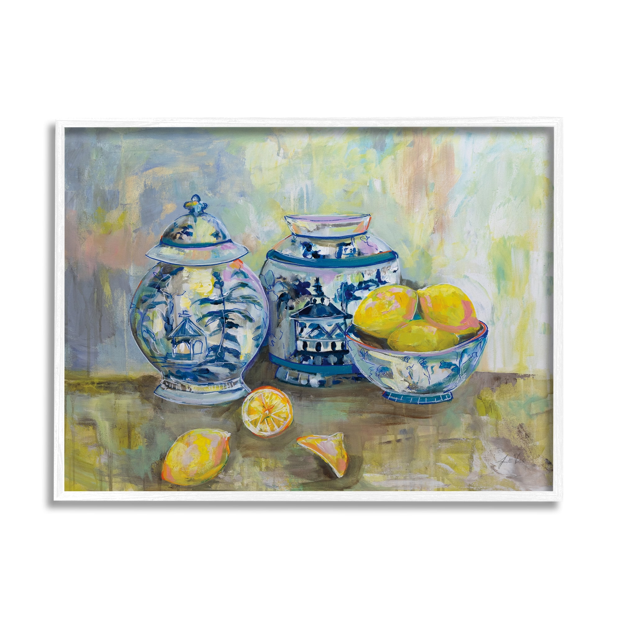 Stupell Industries Lemons and Pottery Yellow Blue Classical Painting Framed Art Print Wall Art, 30x24, By Jeanette Vertentes