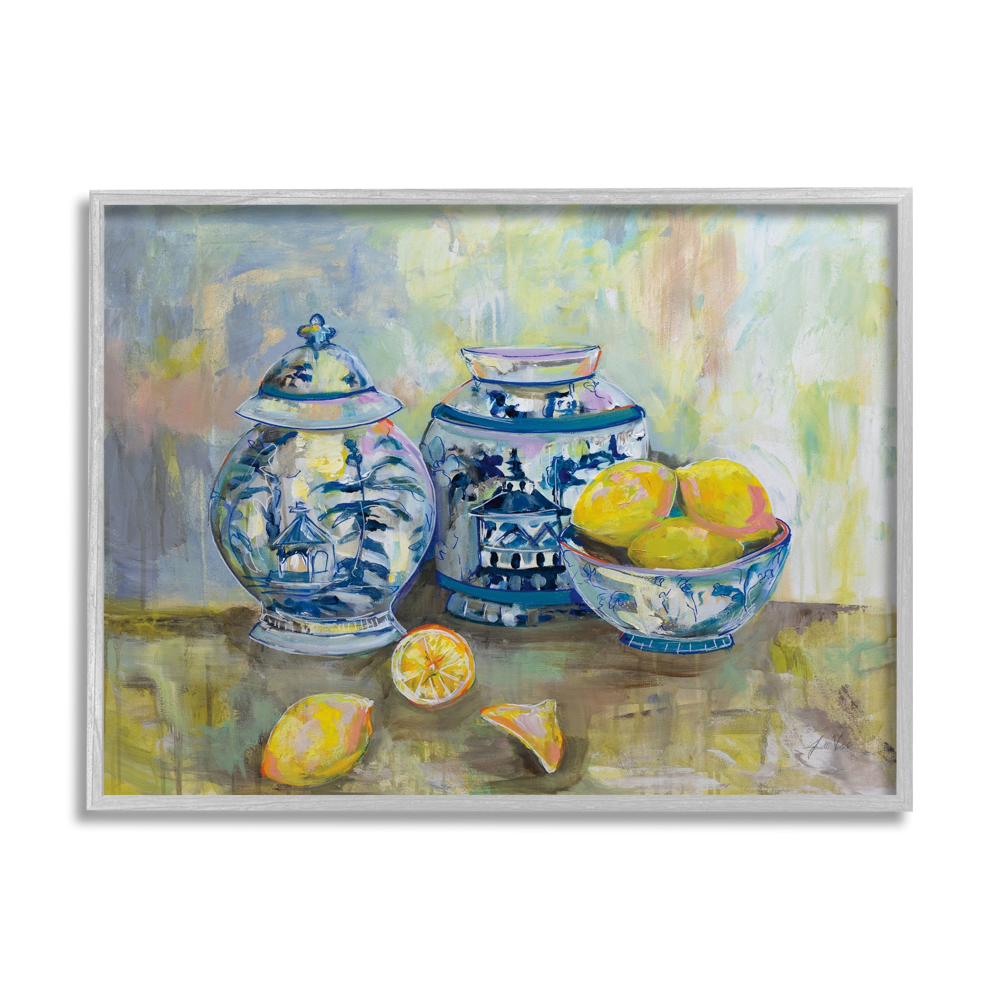 Stupell Industries Lemons and Pottery Yellow Blue Classical Painting Framed Art Print Wall Art, 30x24, By Jeanette Vertentes