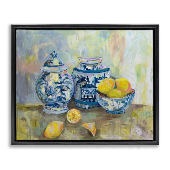 Stupell Industries Lemons and Pottery Yellow Blue Classical Painting Jet Black Framed Floating Canvas Wall Art, 16x20, by Jeanette Vertentes